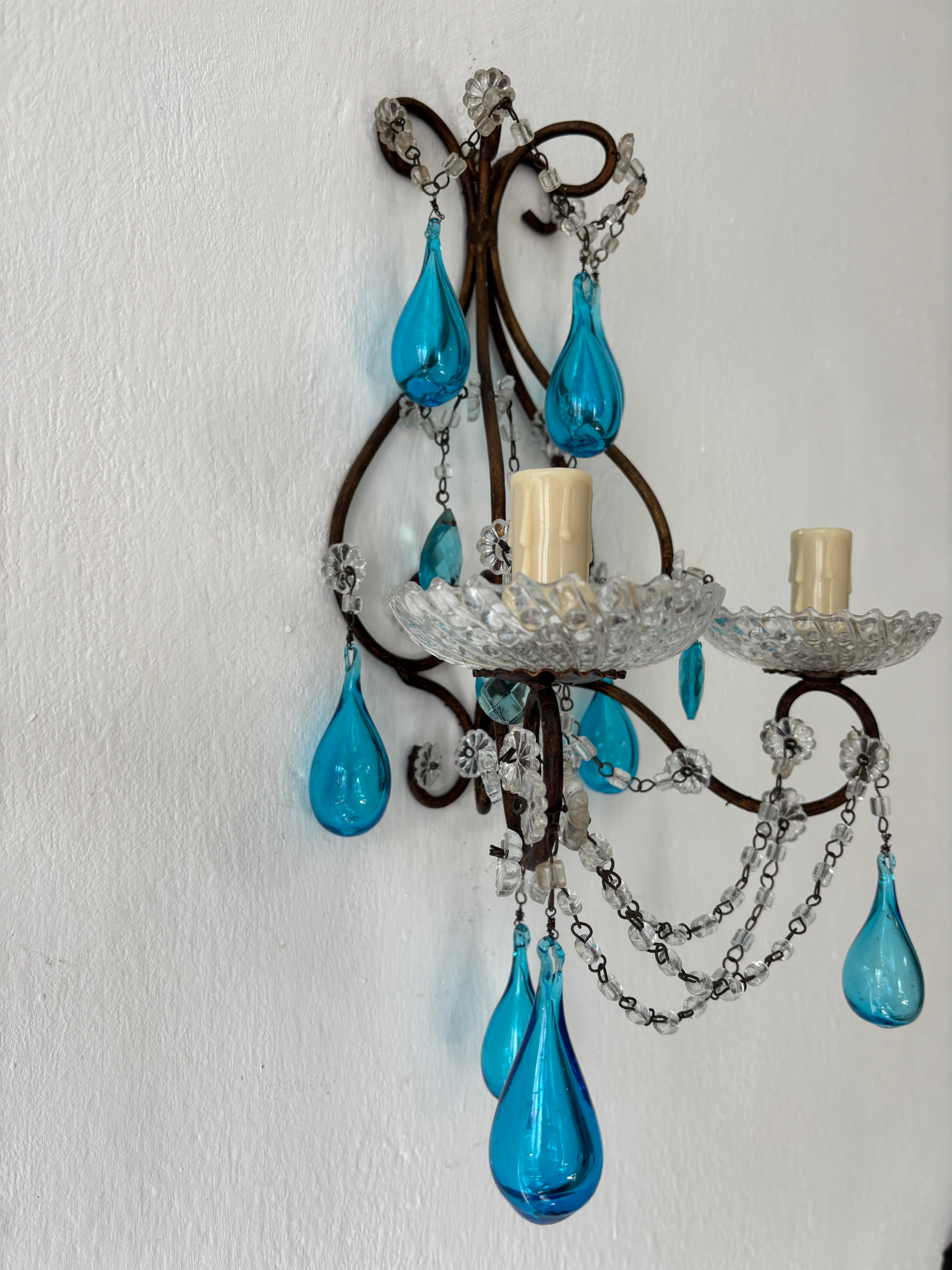 Raro Azul Aguamarina Boca Soplado Murano Gotas Cristal Prismas Macarrones Swags Apliques en venta 4