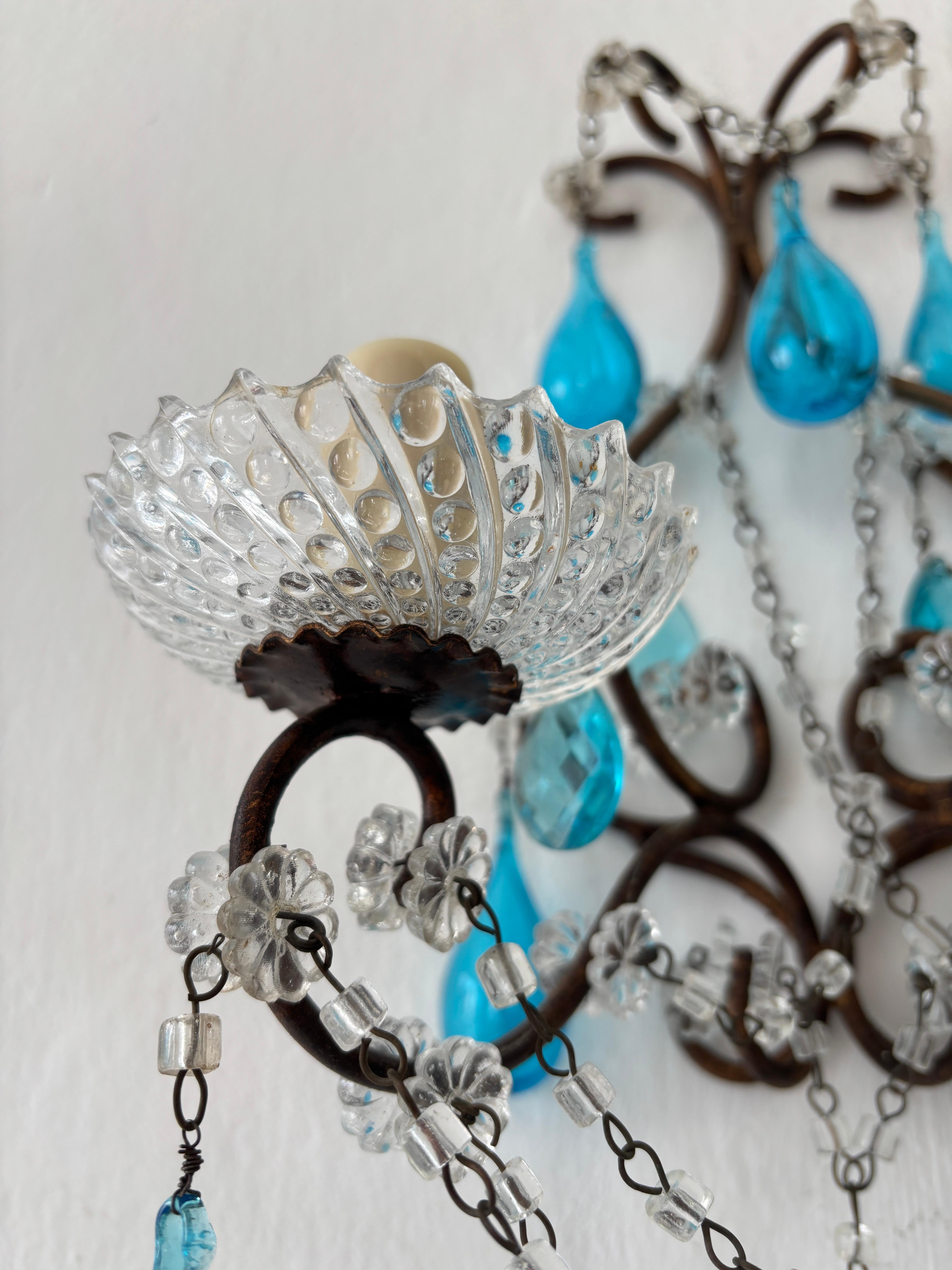 Raro Azul Aguamarina Boca Soplado Murano Gotas Cristal Prismas Macarrones Swags Apliques en venta 5
