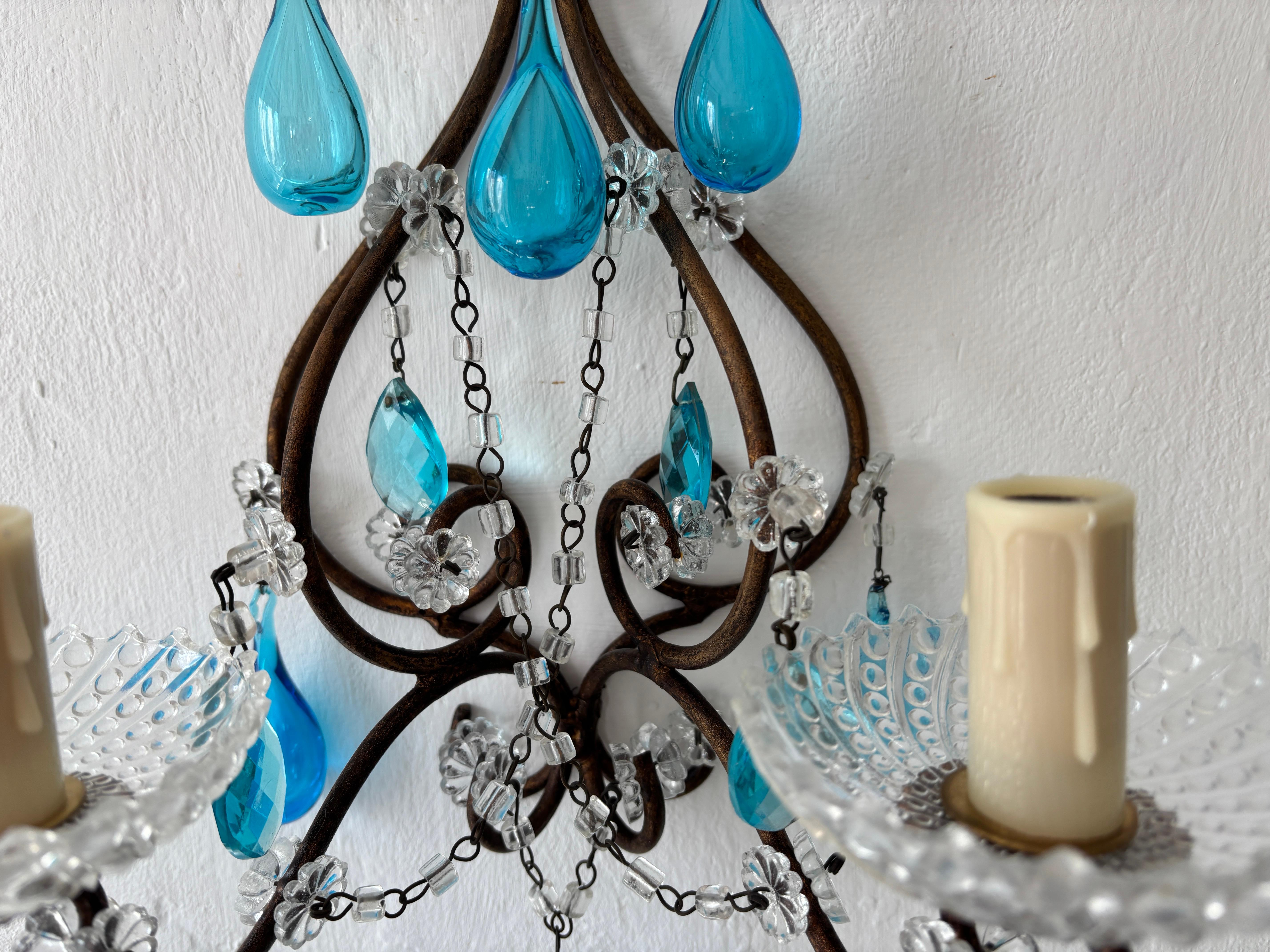 Raro Azul Aguamarina Boca Soplado Murano Gotas Cristal Prismas Macarrones Swags Apliques en venta 6