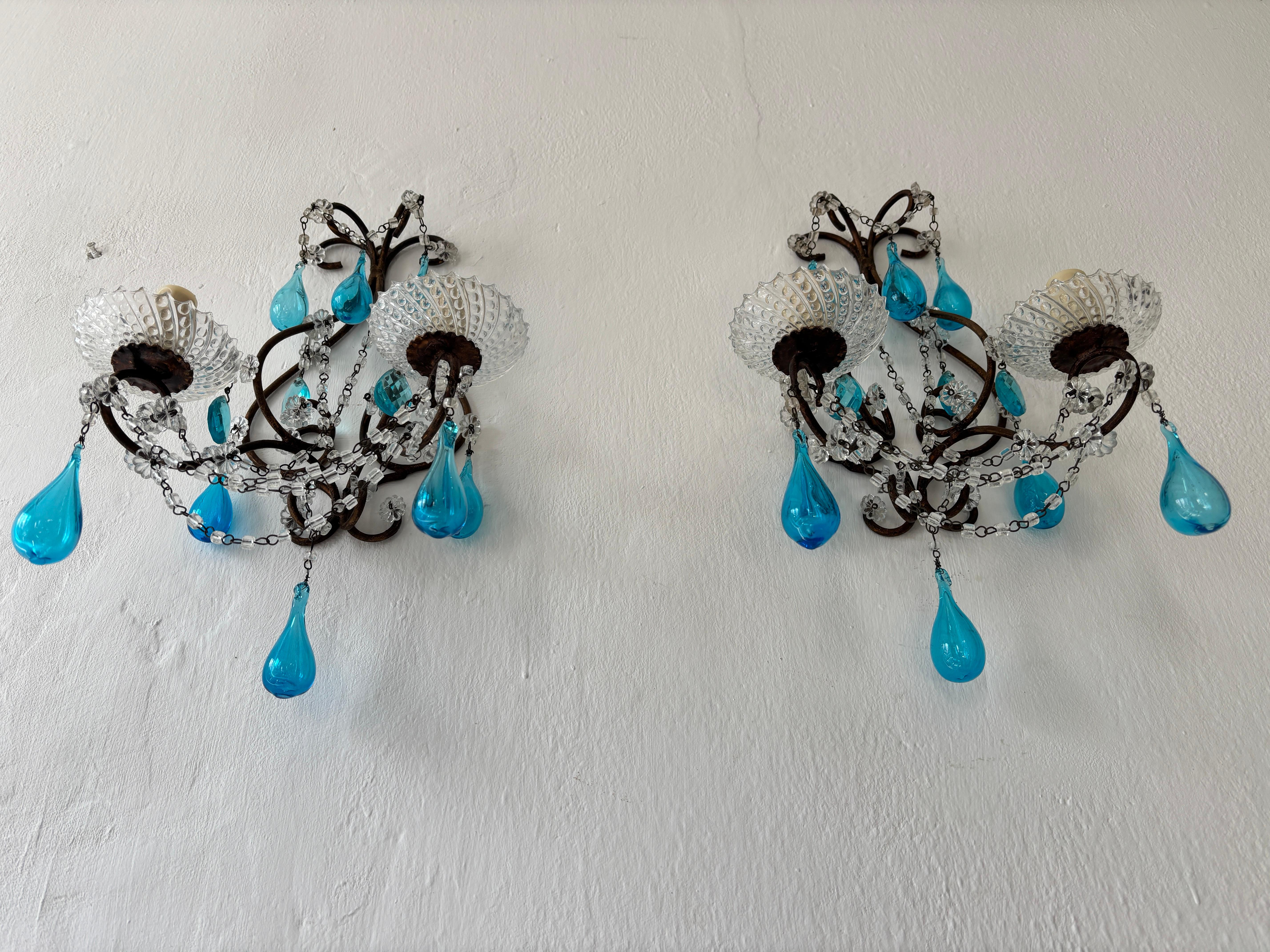Raro Azul Aguamarina Boca Soplado Murano Gotas Cristal Prismas Macarrones Swags Apliques Italiano en venta