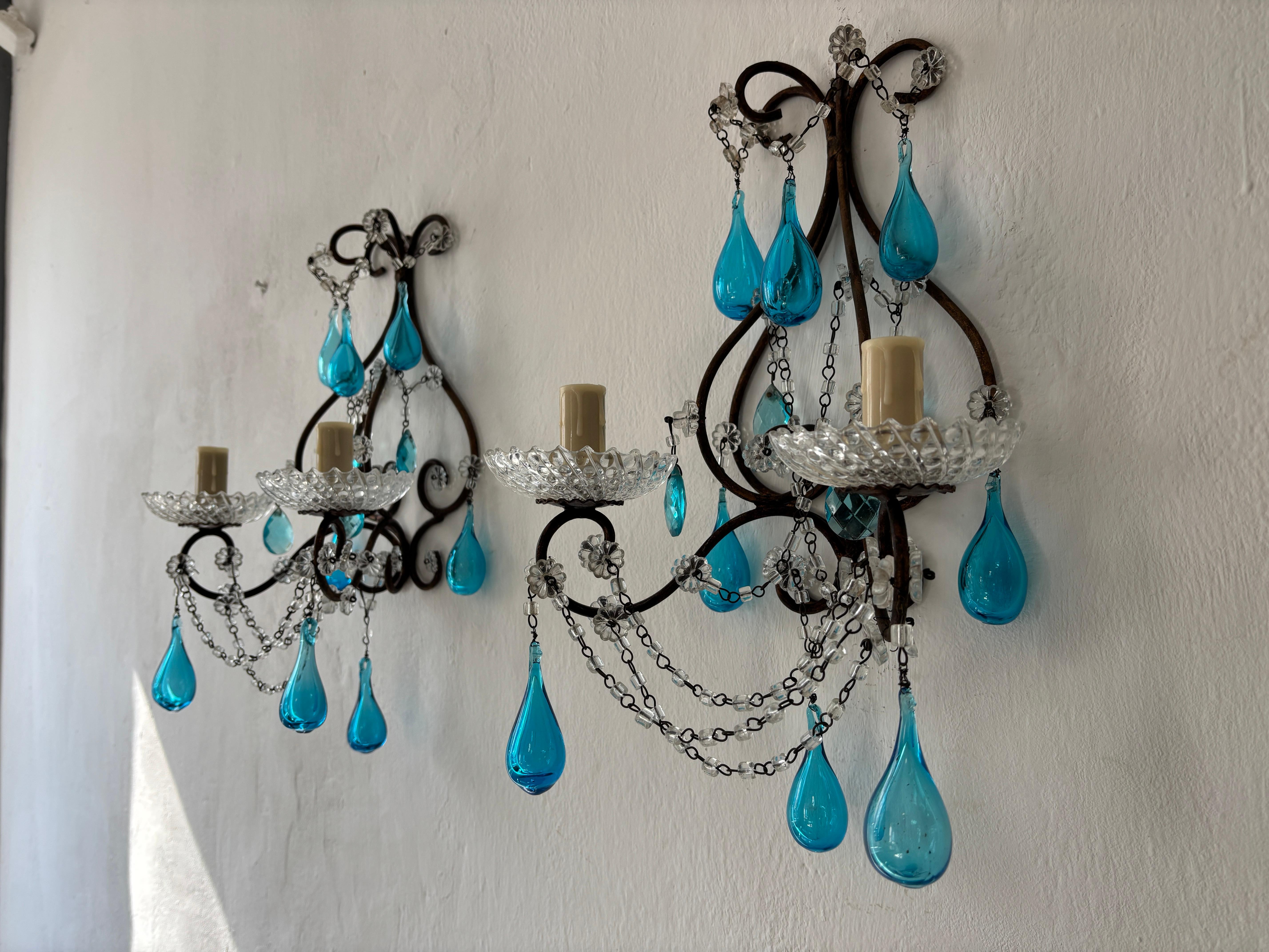 Raro Azul Aguamarina Boca Soplado Murano Gotas Cristal Prismas Macarrones Swags Apliques Cristal de Murano en venta