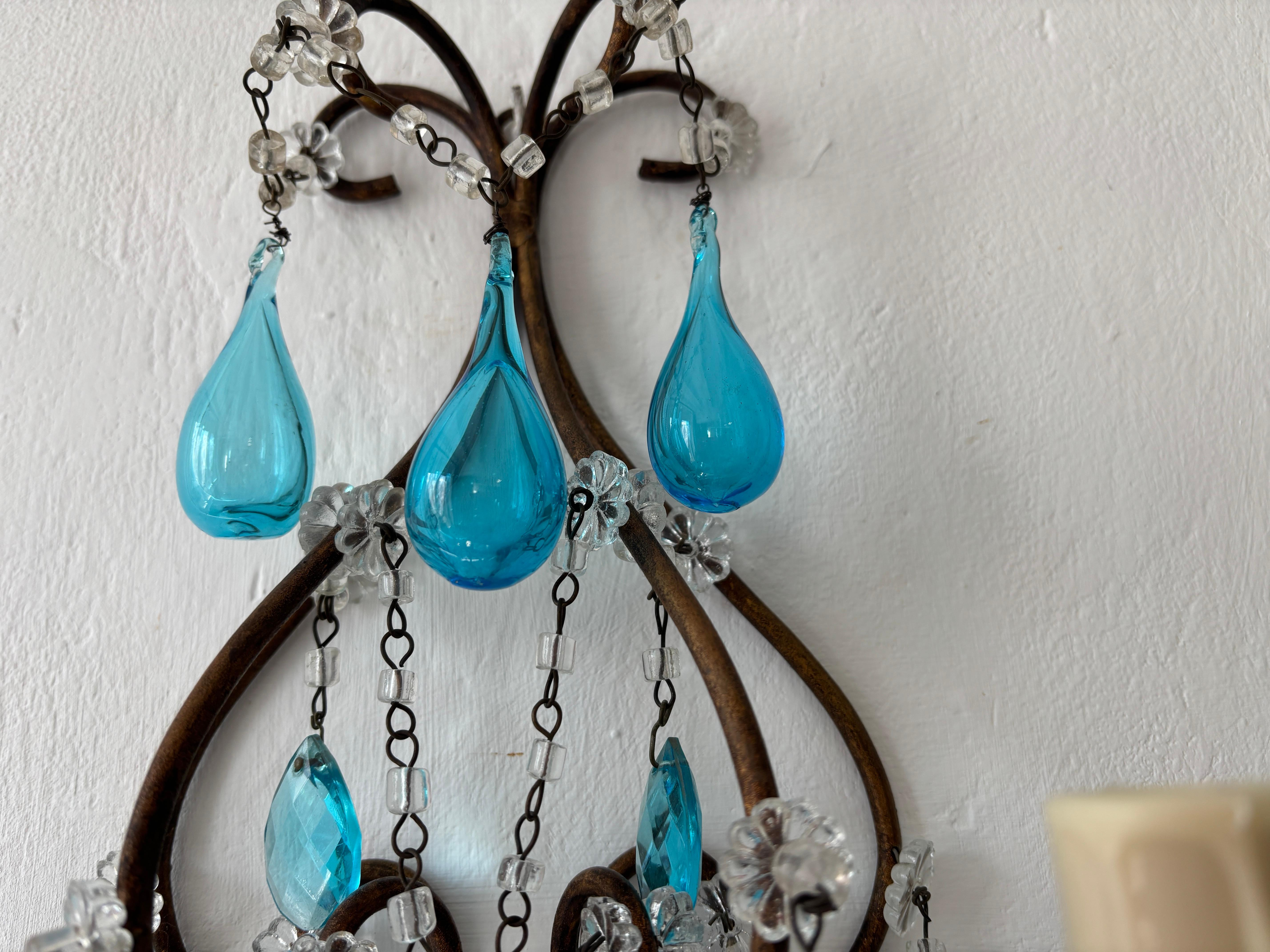 Raro Azul Aguamarina Boca Soplado Murano Gotas Cristal Prismas Macarrones Swags Apliques en venta 1