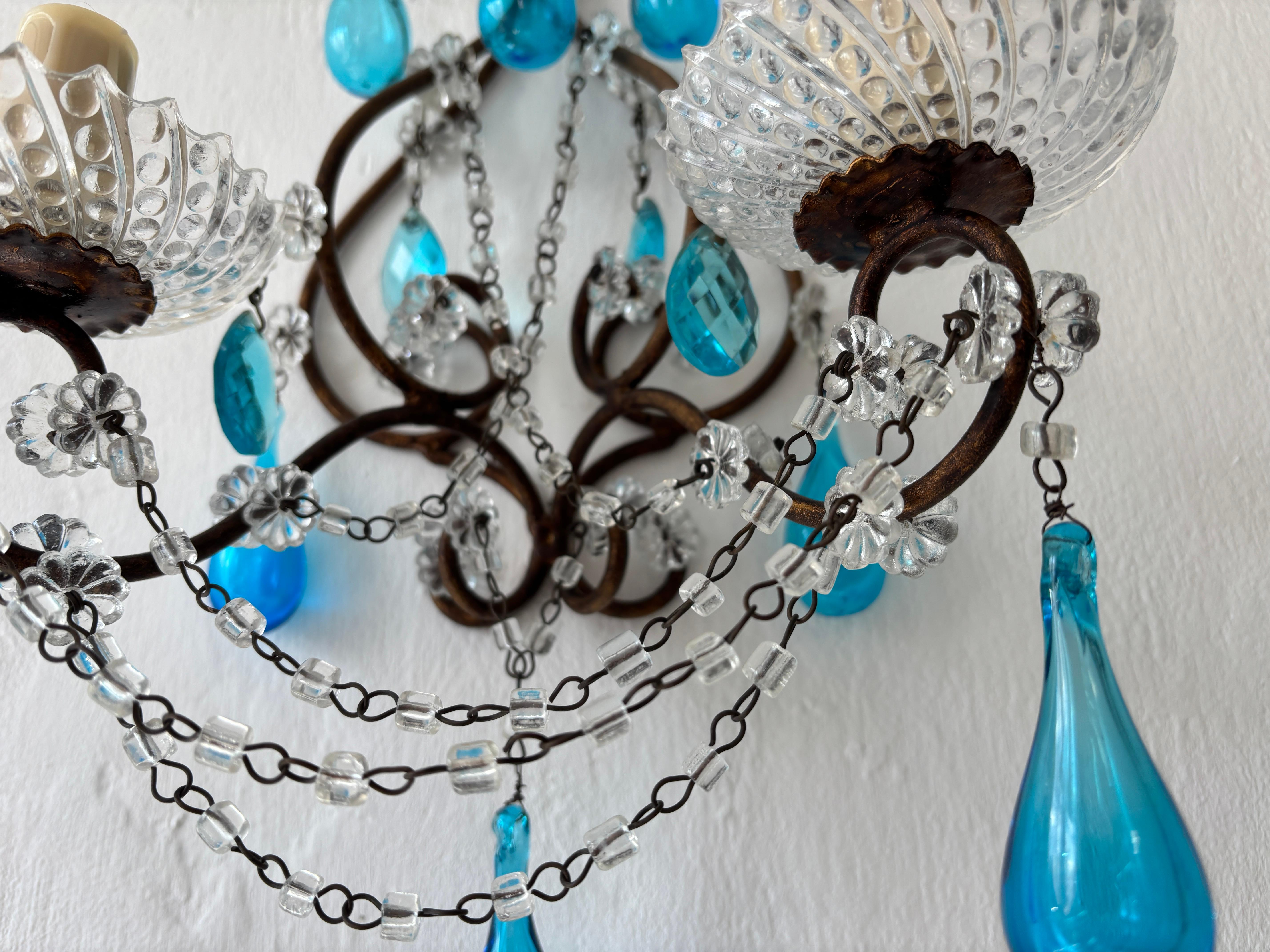 Raro Azul Aguamarina Boca Soplado Murano Gotas Cristal Prismas Macarrones Swags Apliques en venta 2