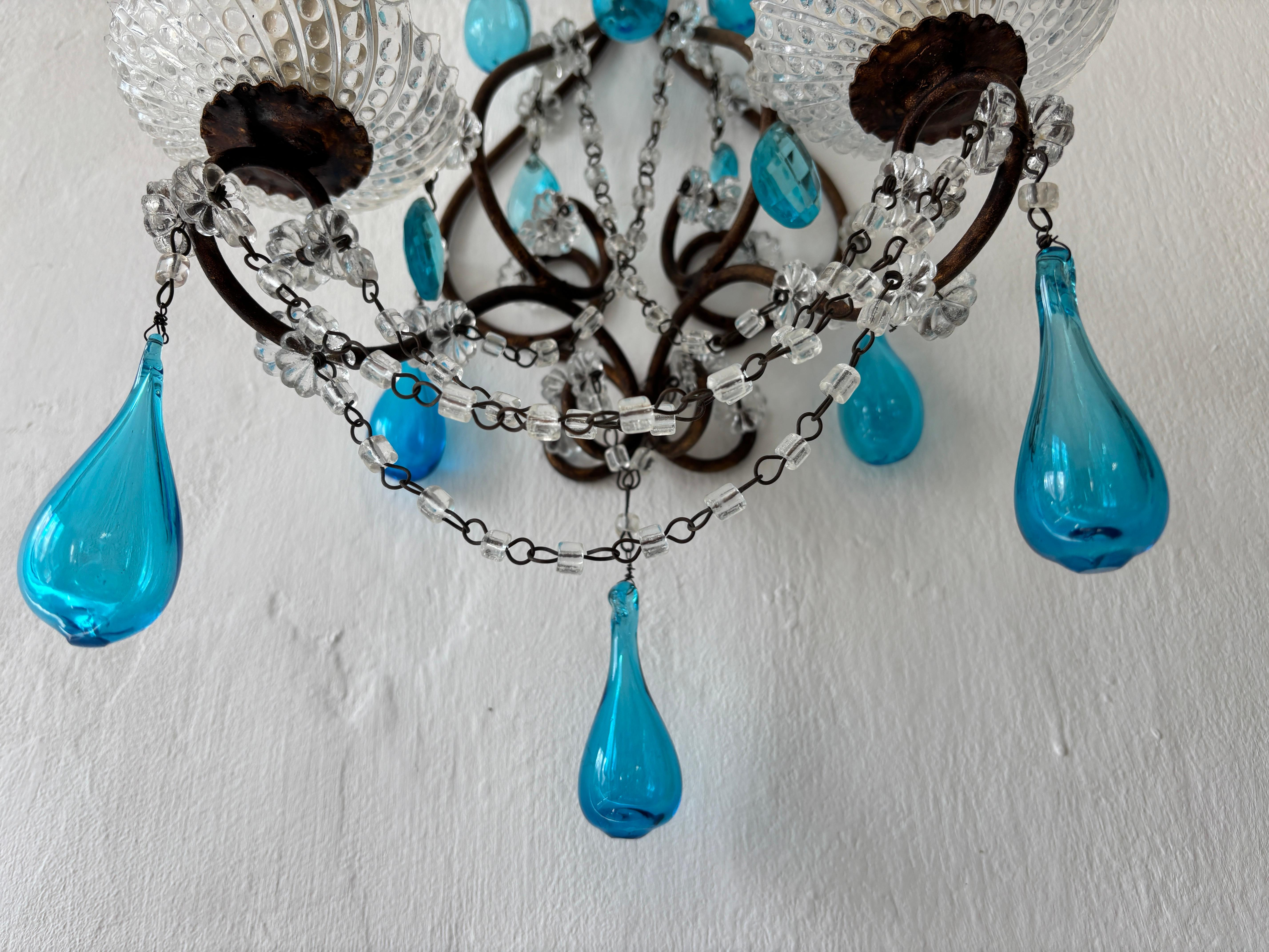 Raro Azul Aguamarina Boca Soplado Murano Gotas Cristal Prismas Macarrones Swags Apliques en venta 3