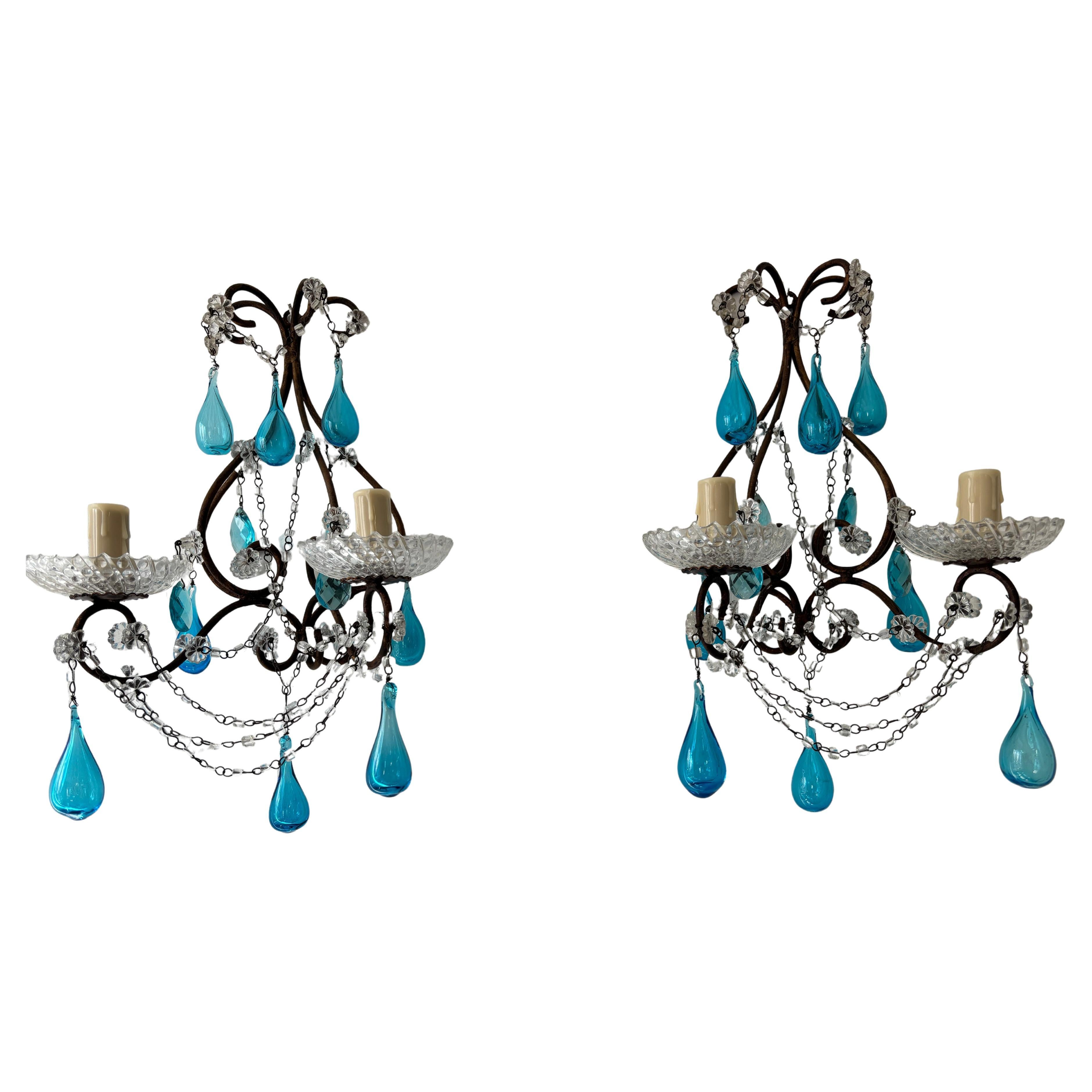 Rare Aqua Blue Mouth Blown Murano Drops Crystal Prisms Macaroni Swags Sconces