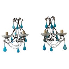 Rare Murano bleu aqua soufflé à la bouche Gouttes de cristal Prismes Macaroni Appliques à guirlandes