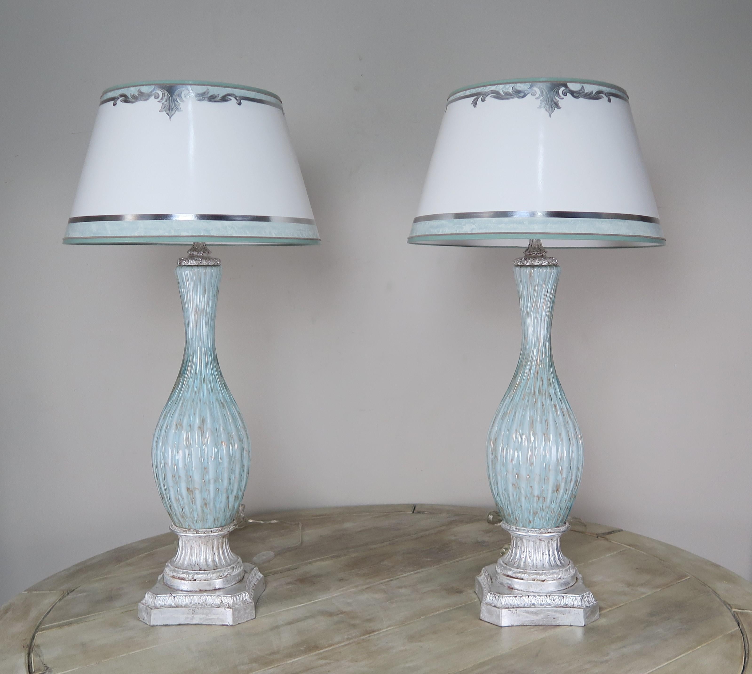 Rare Aquamarine Murano Lamps with Custom Parchment Shades, Pair 6