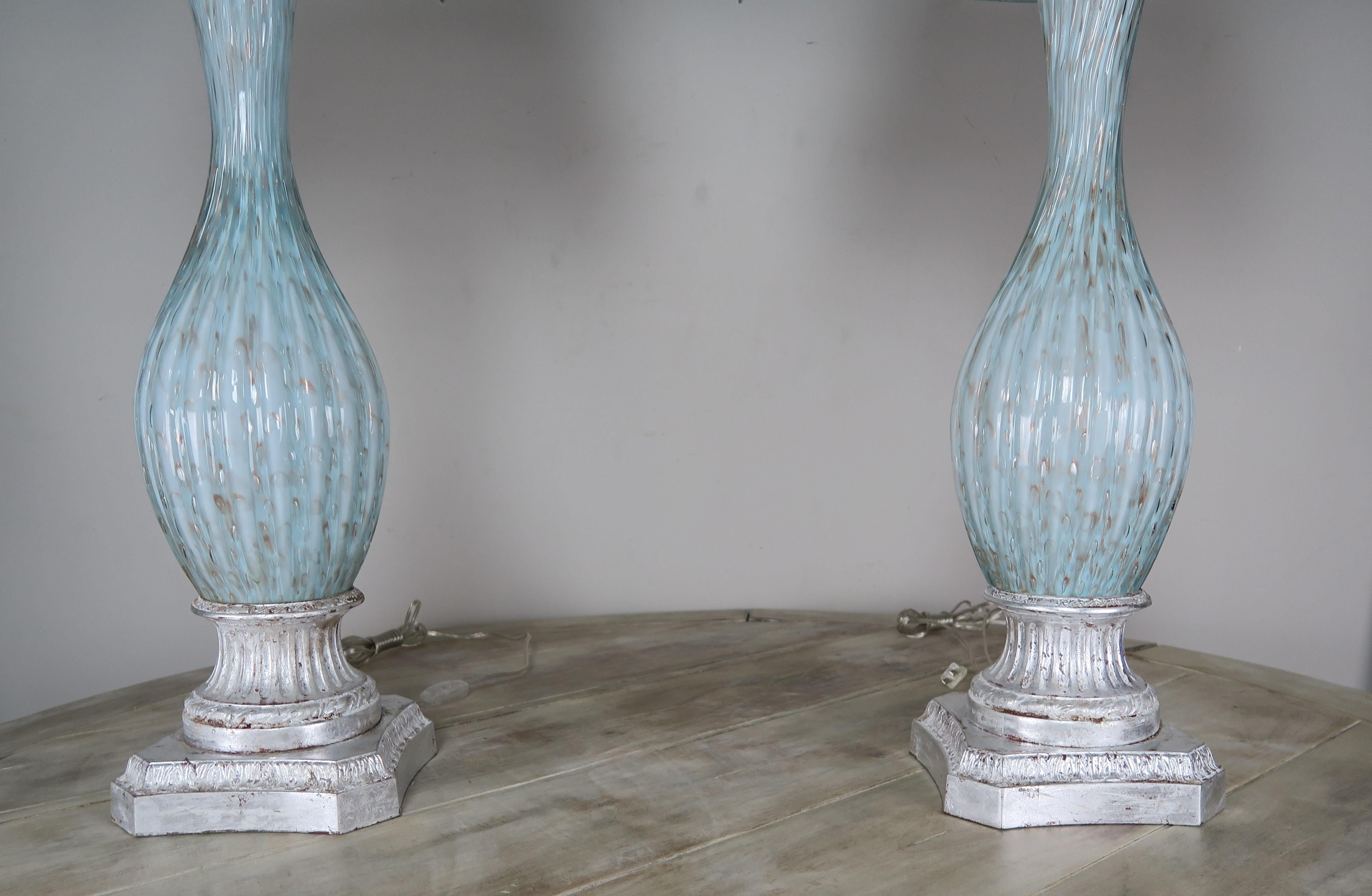 Mid-Century Modern Rare Aquamarine Murano Lamps with Custom Parchment Shades, Pair