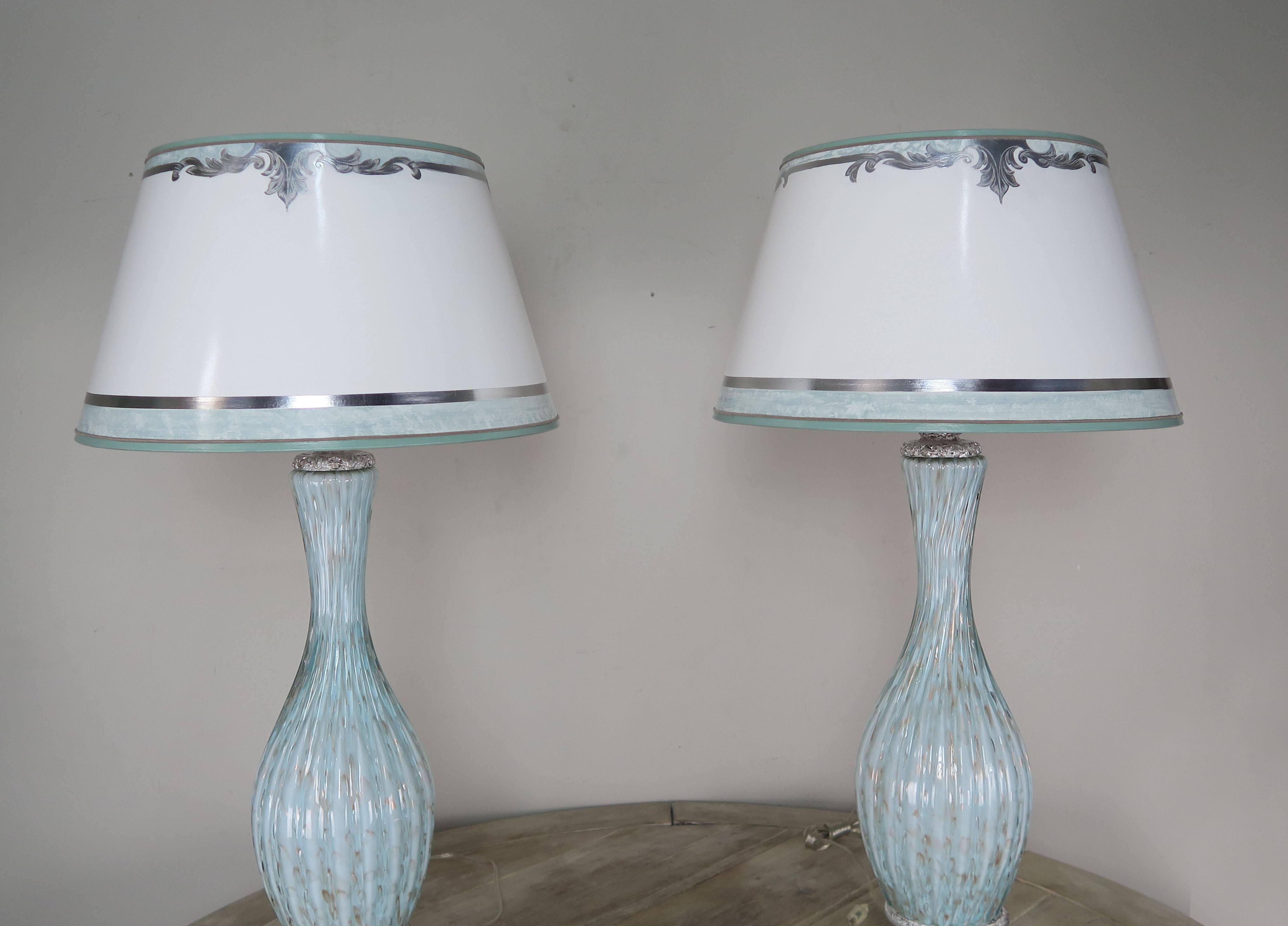 Italian Rare Aquamarine Murano Lamps with Custom Parchment Shades, Pair