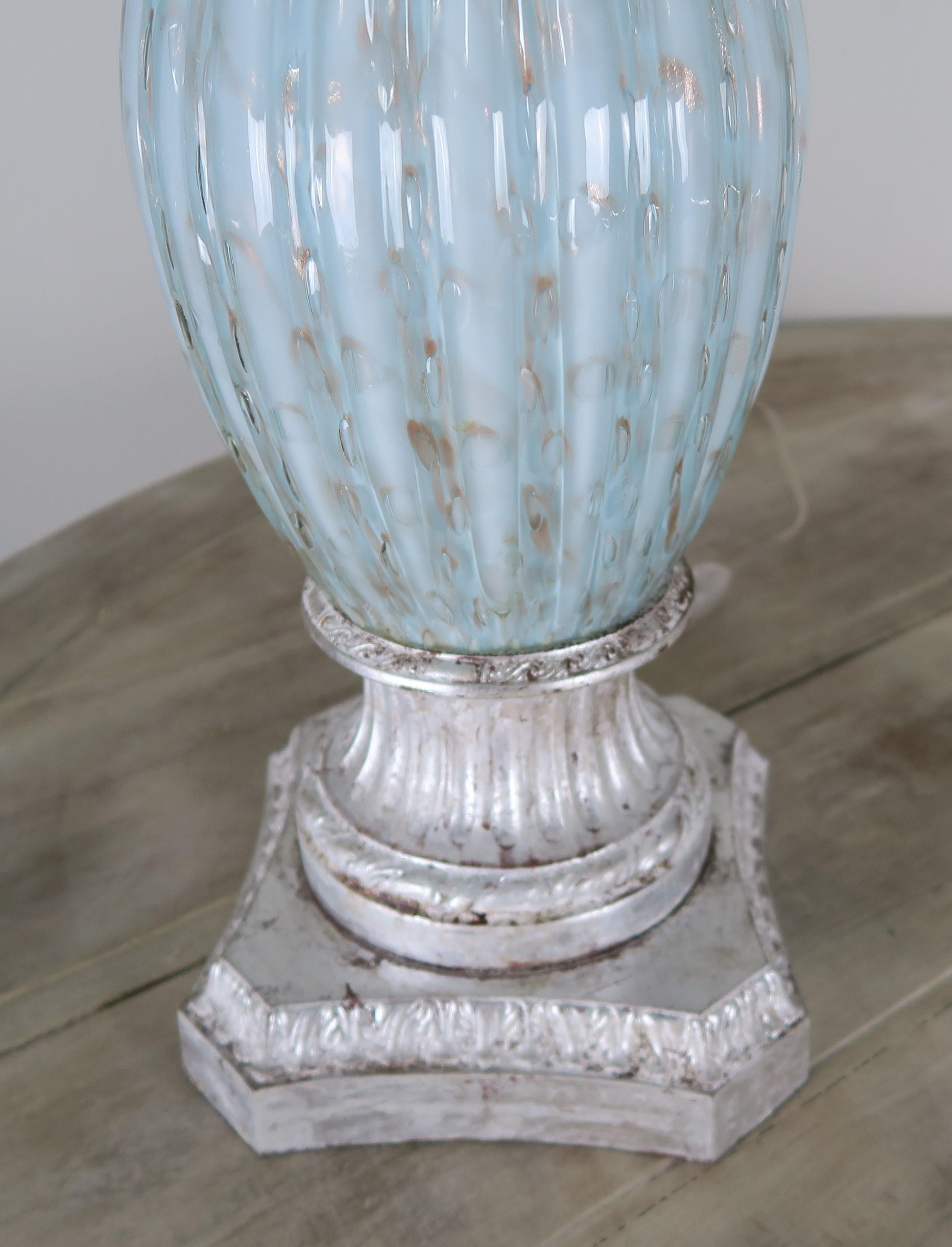 Rare Aquamarine Murano Lamps with Custom Parchment Shades, Pair In Excellent Condition In Los Angeles, CA