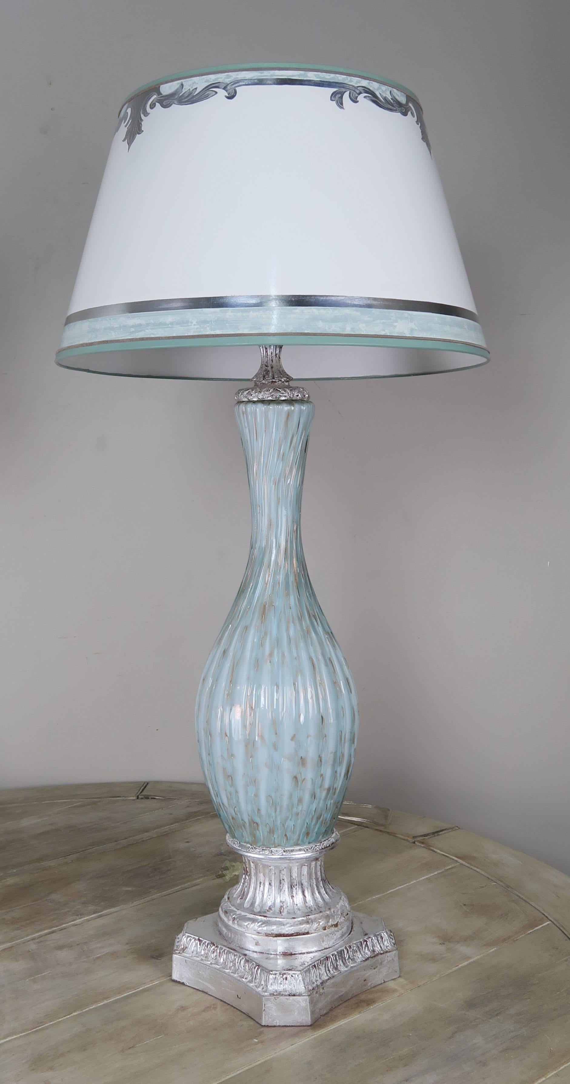 Mid-20th Century Rare Aquamarine Murano Lamps with Custom Parchment Shades, Pair