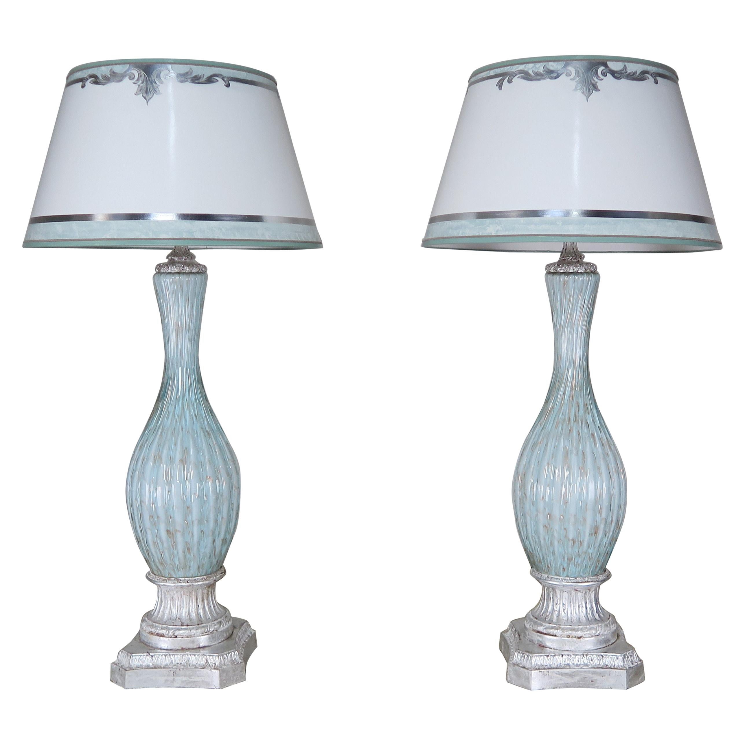 Rare Aquamarine Murano Lamps with Custom Parchment Shades, Pair
