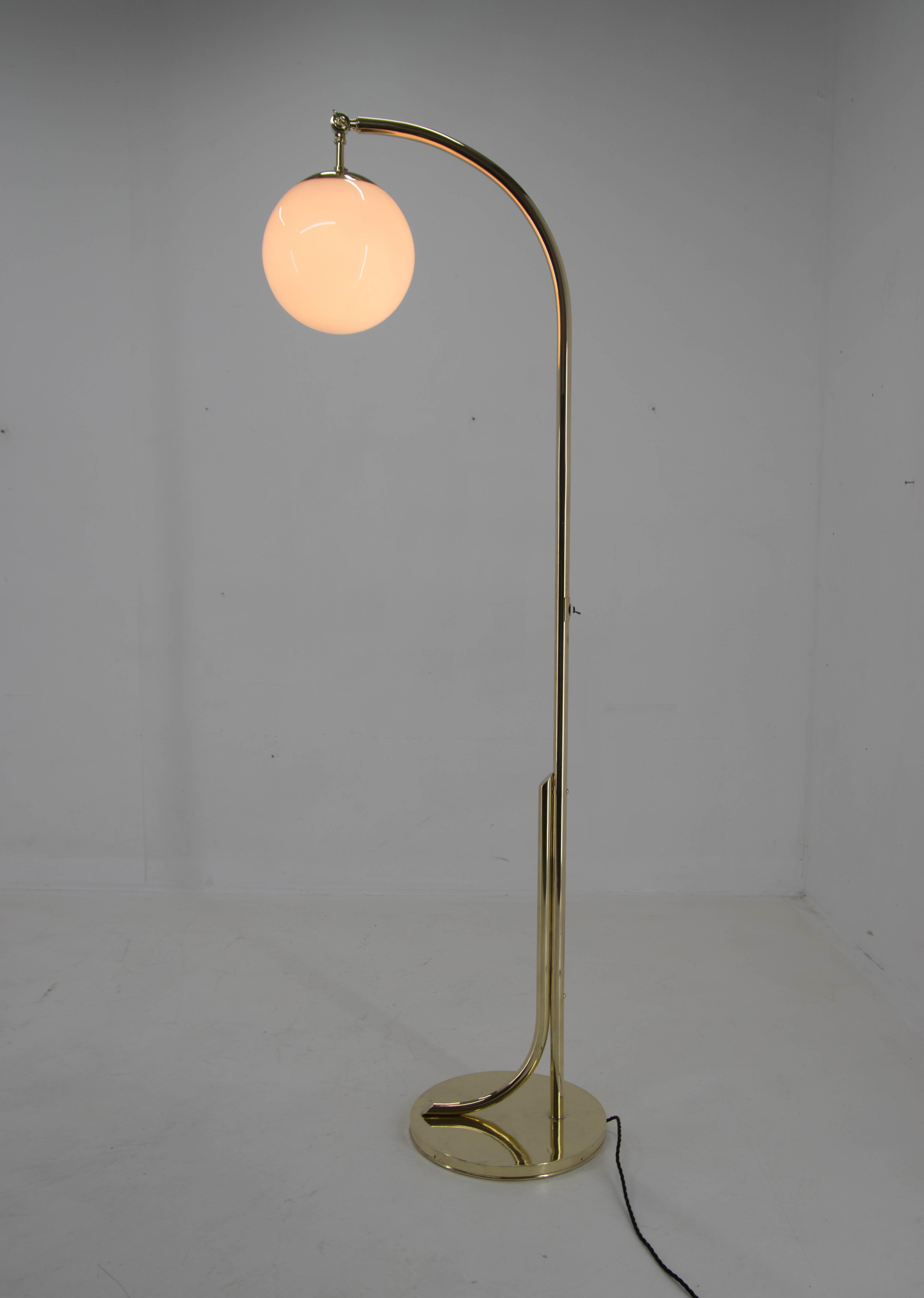 Czech Rare Ar Deco / Functionalist Brass Floor Lamp, 1930s, Restored For Sale