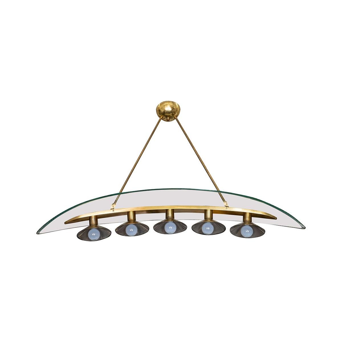 Rare brass five-light pendant by Pietro Chiesa for Fontana Arte. Features a large curved glass element. Exquisitely restored and UL certified.