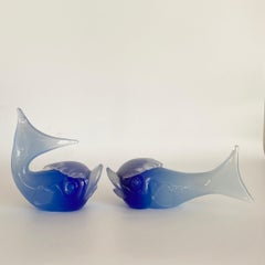 Rare ARCHIMEDE SEGUSO Murano Glass PAIR of Blue Alabstro Opaline Glass FISH