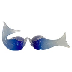 Rare ARCHIMEDE SEGUSO Murano Glass PAIR of Blue Alabstro Opaline Glass FISH