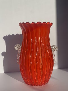 Rare Archimede Seguso Orange Ribbed Vase – Gold Aventurine, Scroll Handles