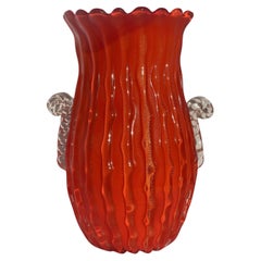 Rare Archimede Seguso Orange Ribbed Vase – Gold Aventurine, Scroll Handles
