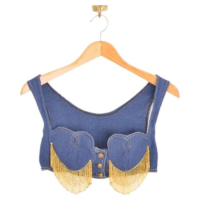 Rare Archival 1990's Moschino Beaded Cowboy Moc Denim Rodeo Bralet Crop Top For Sale
