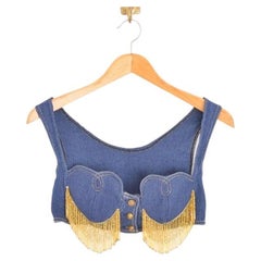 Used Rare Archival 1990's Moschino Beaded Cowboy Moc Denim Rodeo Bralet Crop Top