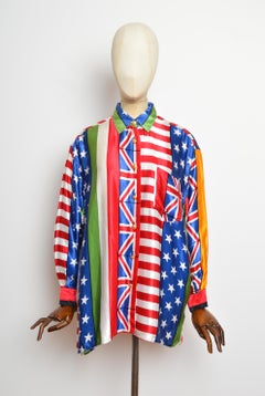 Rare Archival 1990s Moschino World Flag Colourful Pattern Satin Colourful shirt