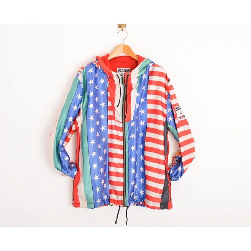 Rare Archival 90s Rave Moschino World Flags Pattern Hood's satin Jacket Unisexe en vente