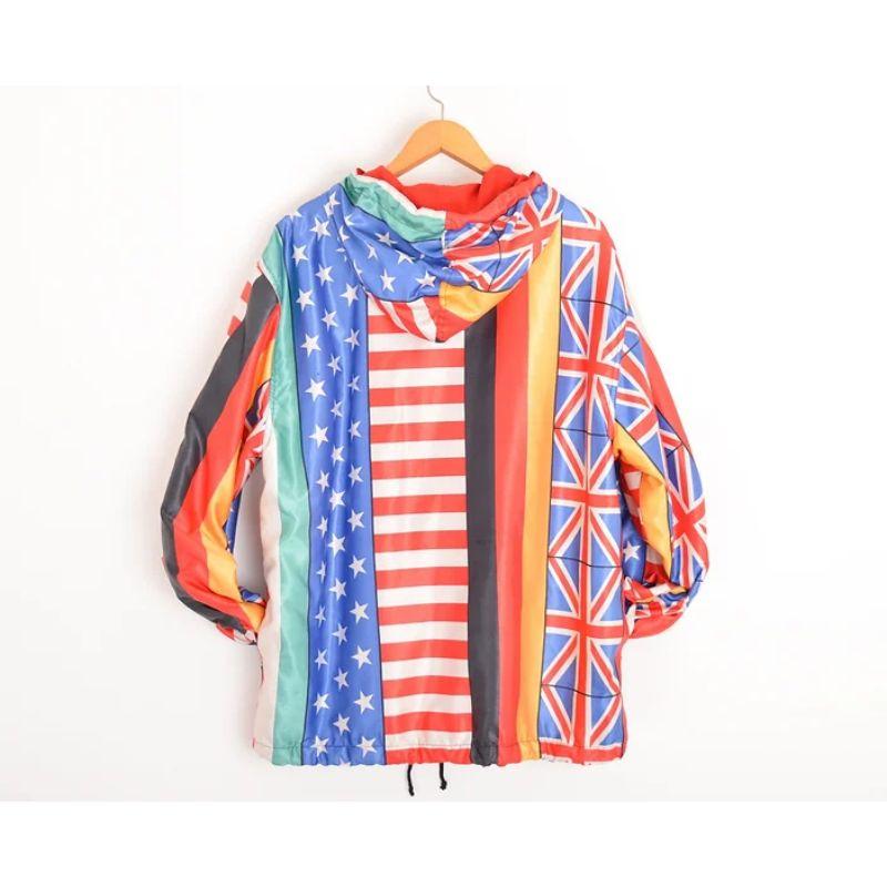 Rare Archival 90s Rave Moschino World Flags Pattern Hooded satin Jacket For Sale 1