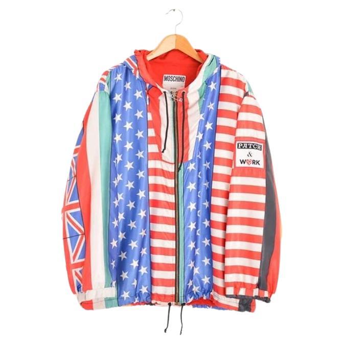 Rare Archival 90s Rave Moschino World Flags Pattern Hooded satin Jacket For Sale