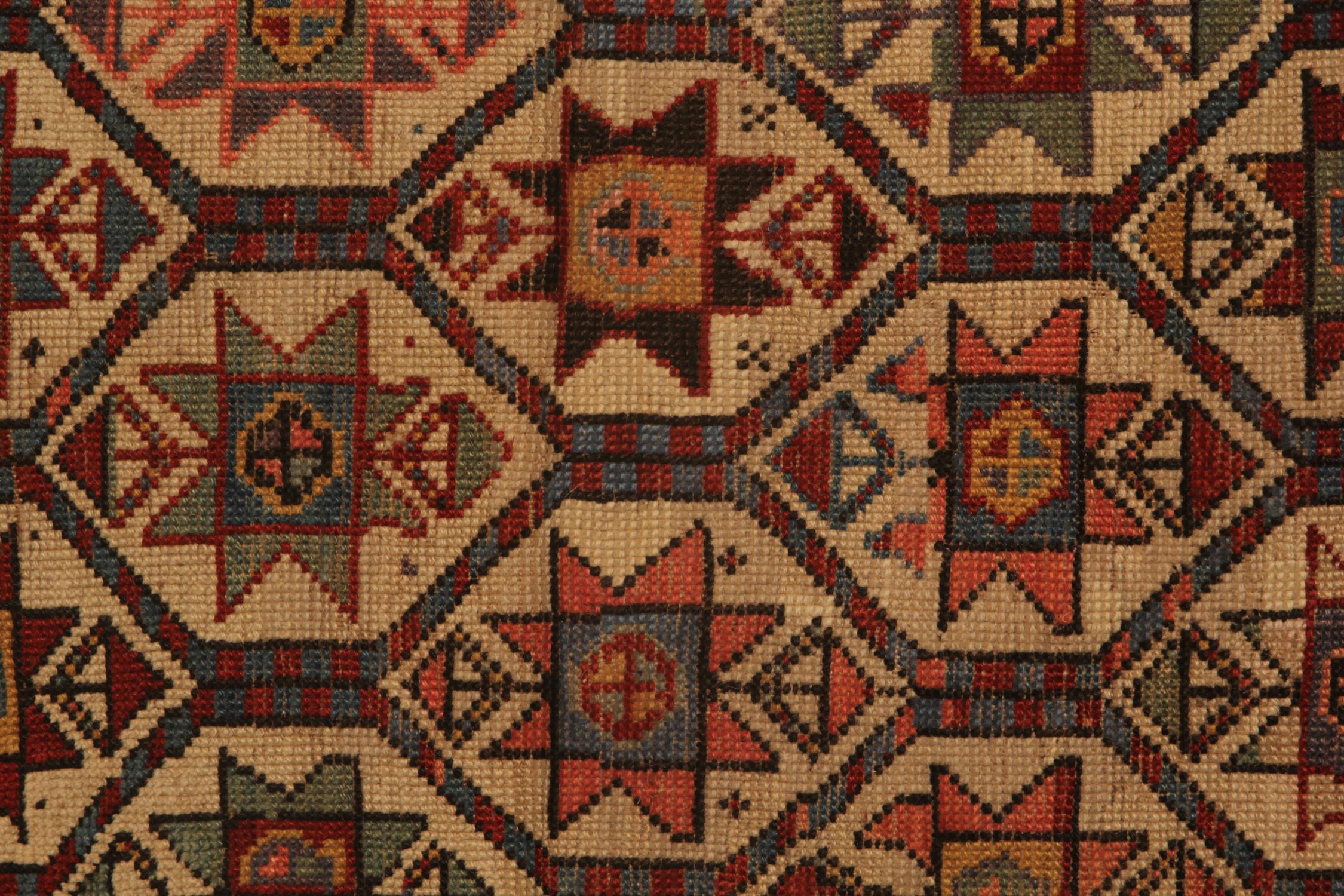 An excellent example of traditional Caucasian carpet rug weaving from the Shirvan region. Though these gold-orange ground all-over design patterned rugs may seem like from a distance, this woven rug has a great range of colours. This geometric rug