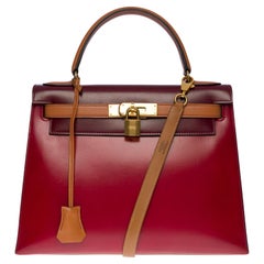 Rare "Arlequin" Hermes Kelly 28 sellier handbag strap Tricolor in box calf, GHW
