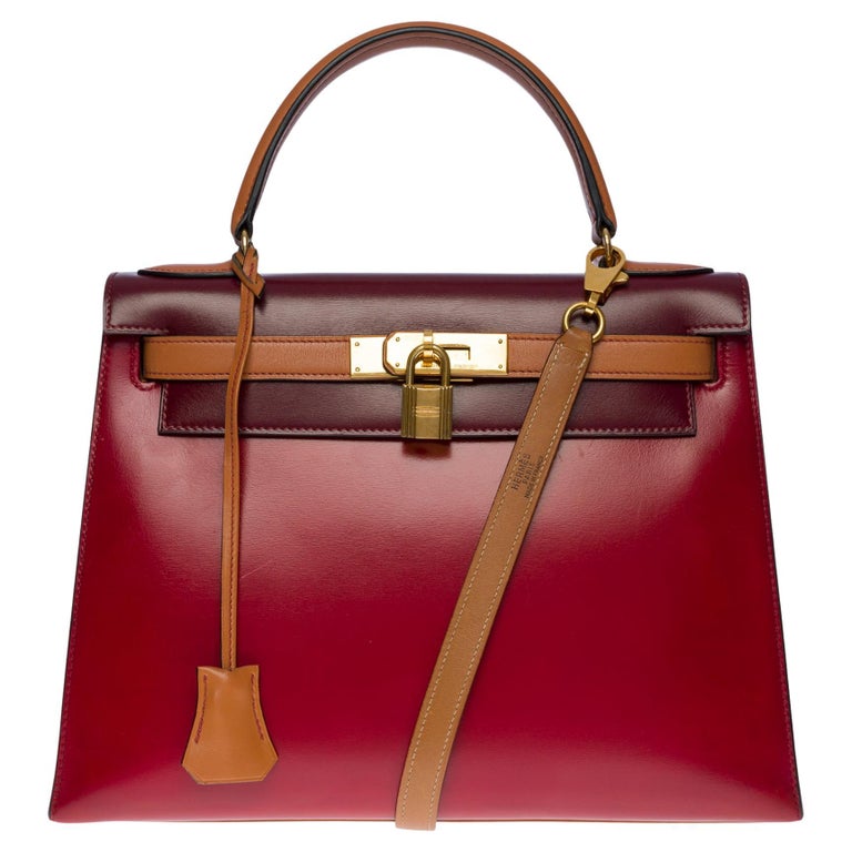 HERMES KELLY 28 SELLIER 2way Hand Bag Natural Rouge H Toile H Box