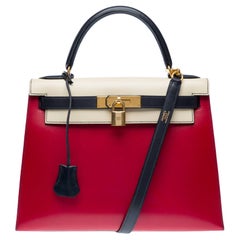 Rare "Arlequin" Hermes Kelly 28 sellier handbag strap Tricolor in box calf, GHW