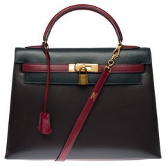 Seltene „Arlekin“ Hermès Kelly 32 Sellier Handtasche mit dreifarbigem Tricolor in Boxcalf, GHW