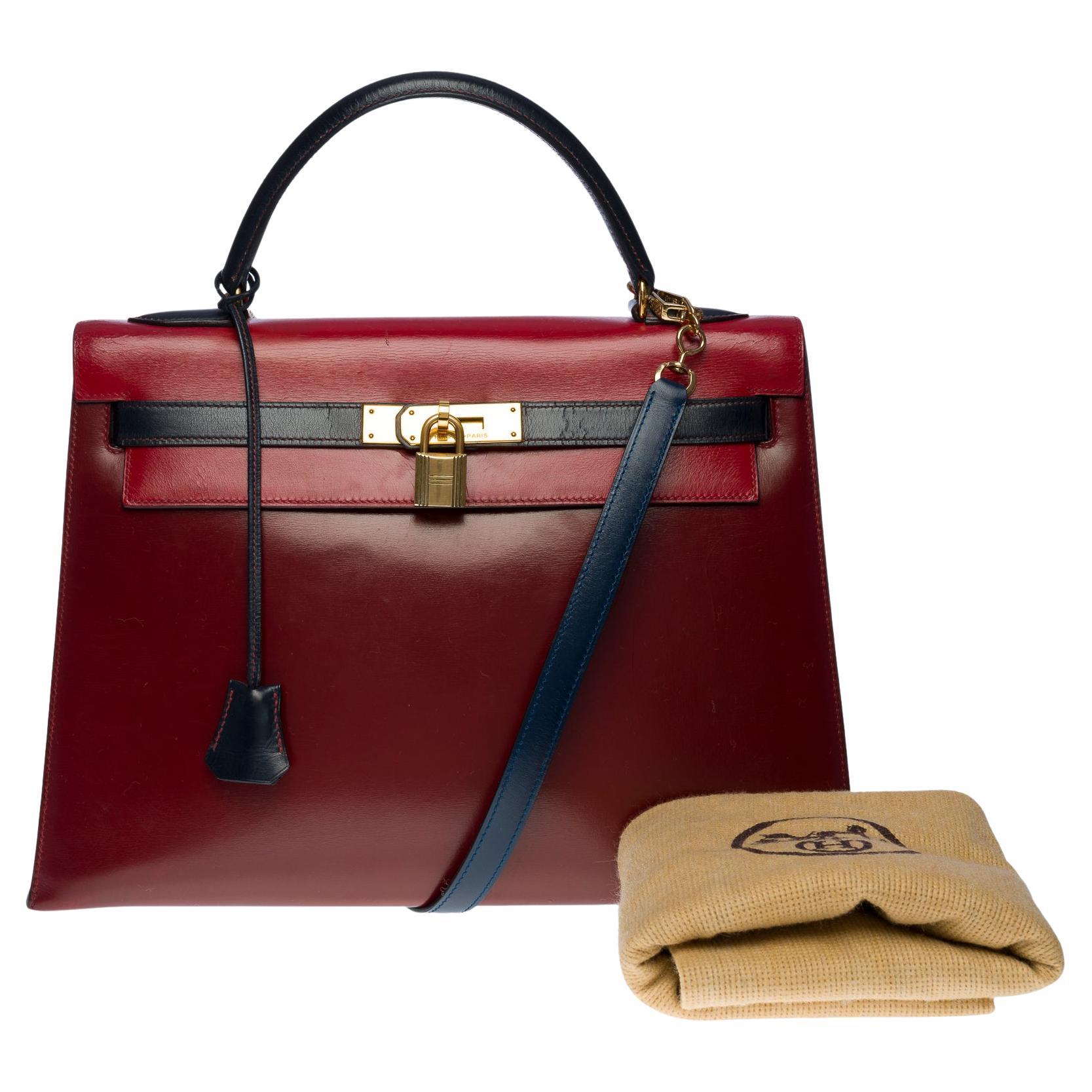 Rare "Arlequin" Hermes Kelly 32 sellier handbag strap Tricolor in box calf, GHW