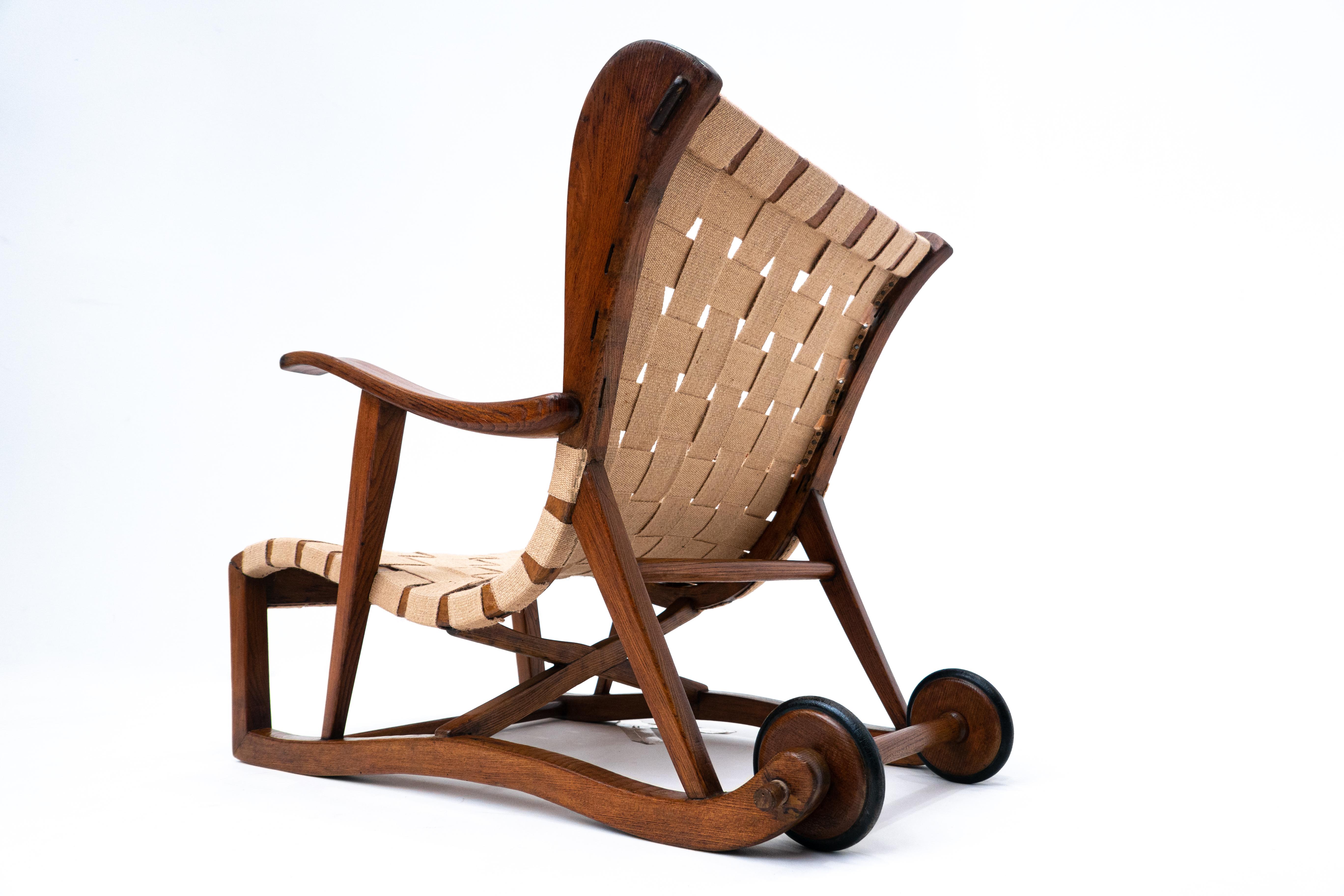 Mid-Century Modern Rare Armchair by Guglielmo Pecorini Two Back Wheels, Italy, 1950s For Sale