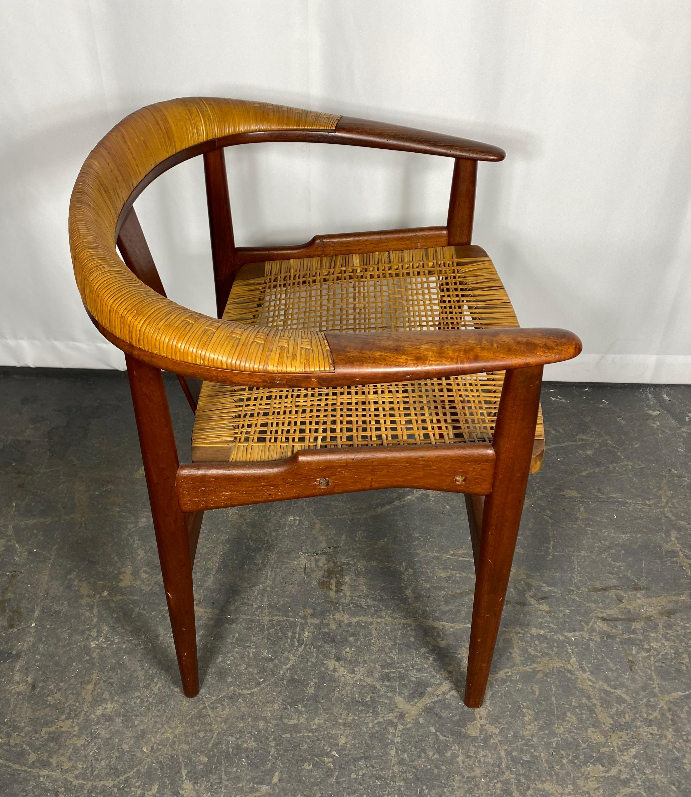 RARE ARNE HOVMAND-OLSEN barrel back chair teak / wicker, MODEL 171 For Sale 2