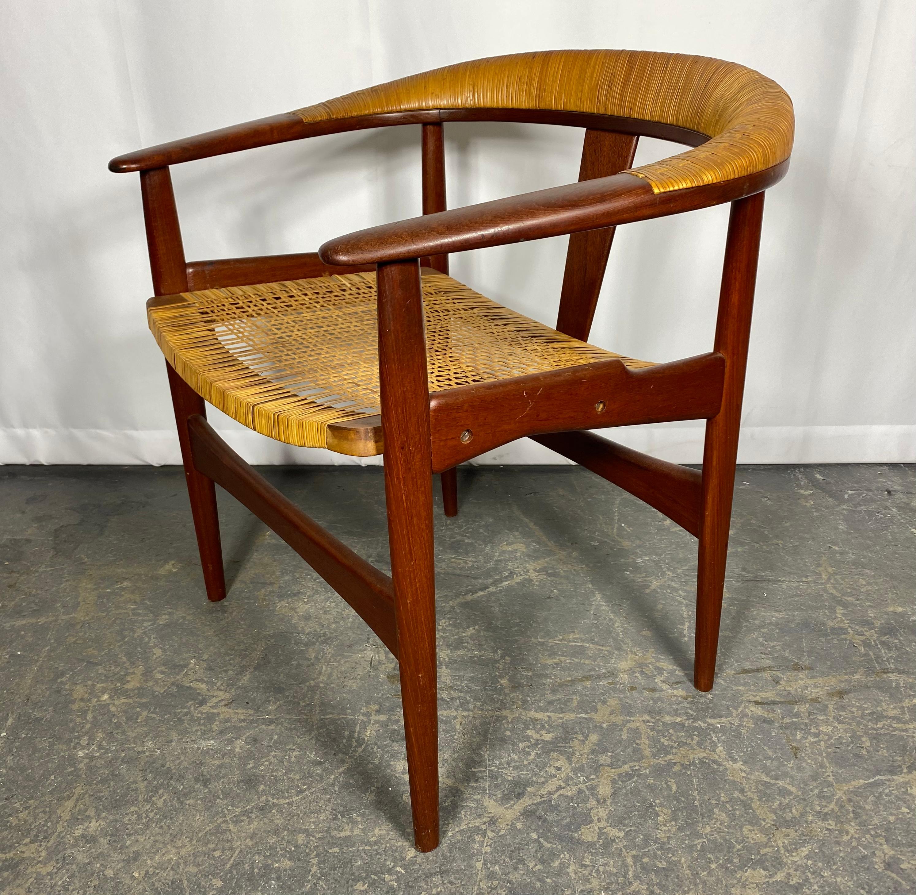Scandinavian Modern RARE ARNE HOVMAND-OLSEN barrel back chair teak / wicker, MODEL 171 For Sale