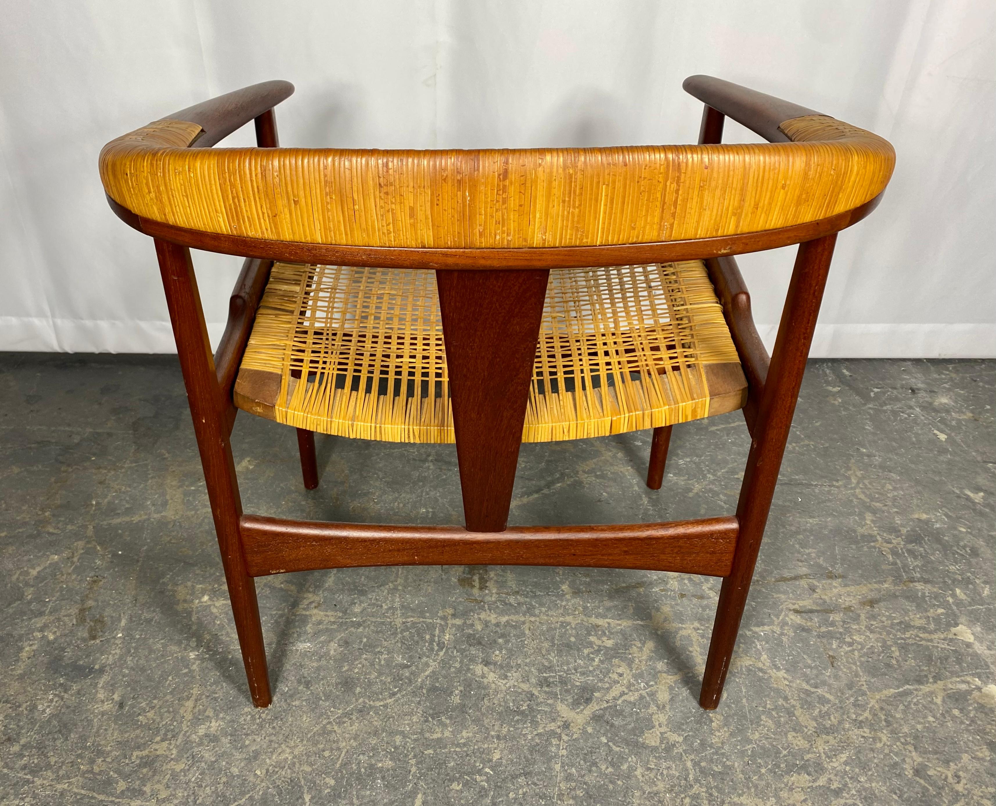 Hand-Woven RARE ARNE HOVMAND-OLSEN barrel back chair teak / wicker, MODEL 171 For Sale