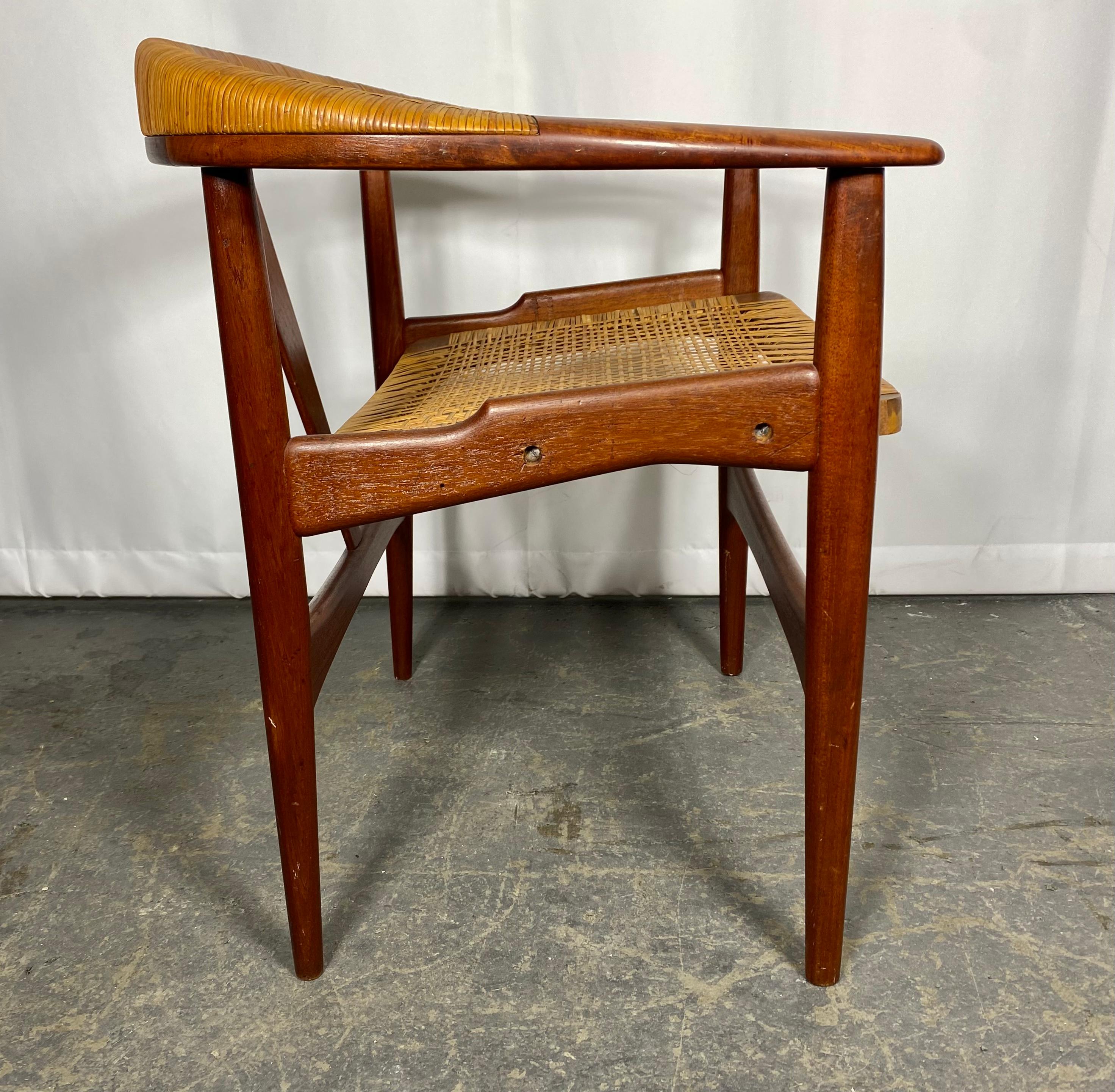 RARE ARNE HOVMAND-OLSEN barrel back chair teak / wicker, MODEL 171 In Good Condition For Sale In Buffalo, NY