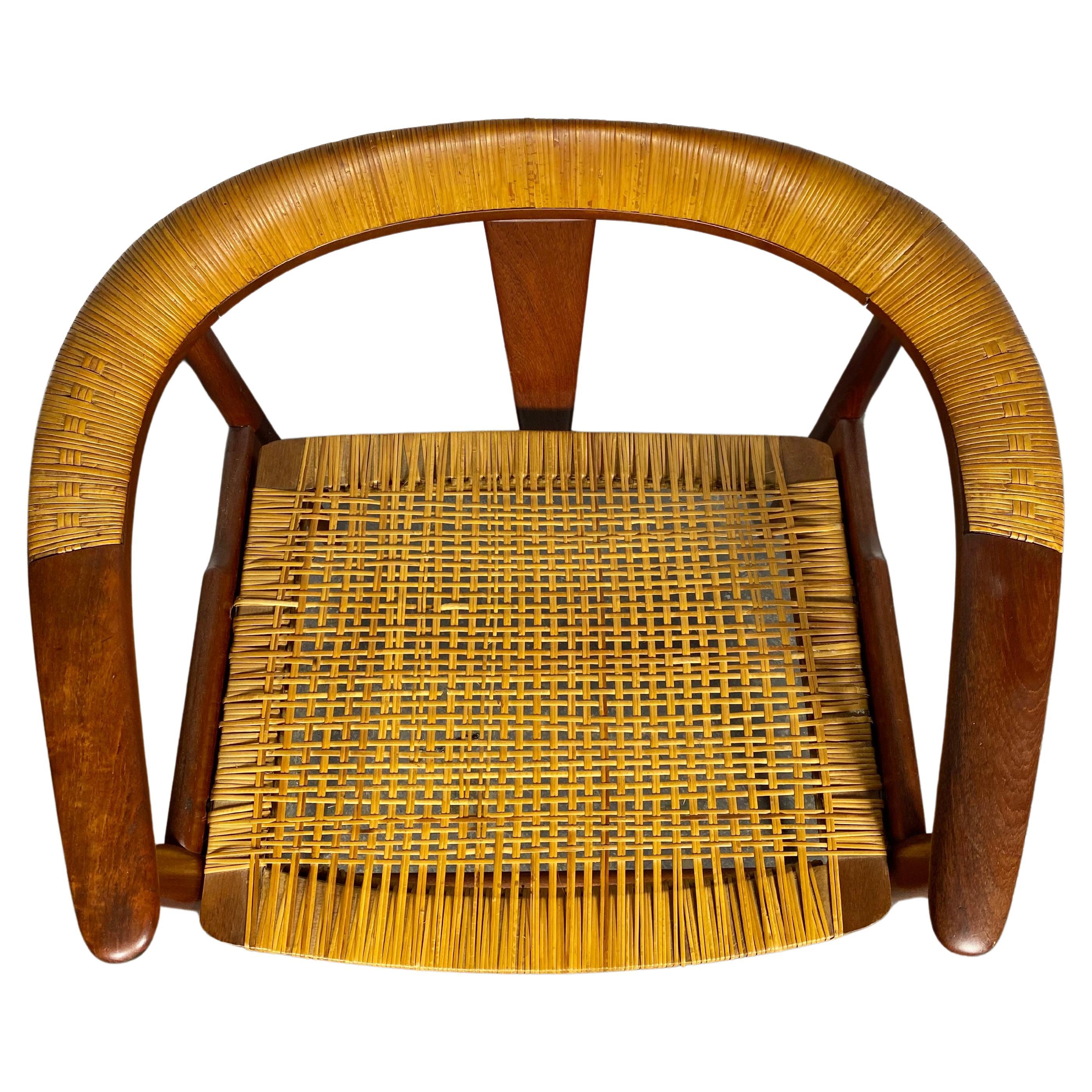 RARE ARNE HOVMAND-OLSEN barrel back chair teak / wicker, MODEL 171 For Sale