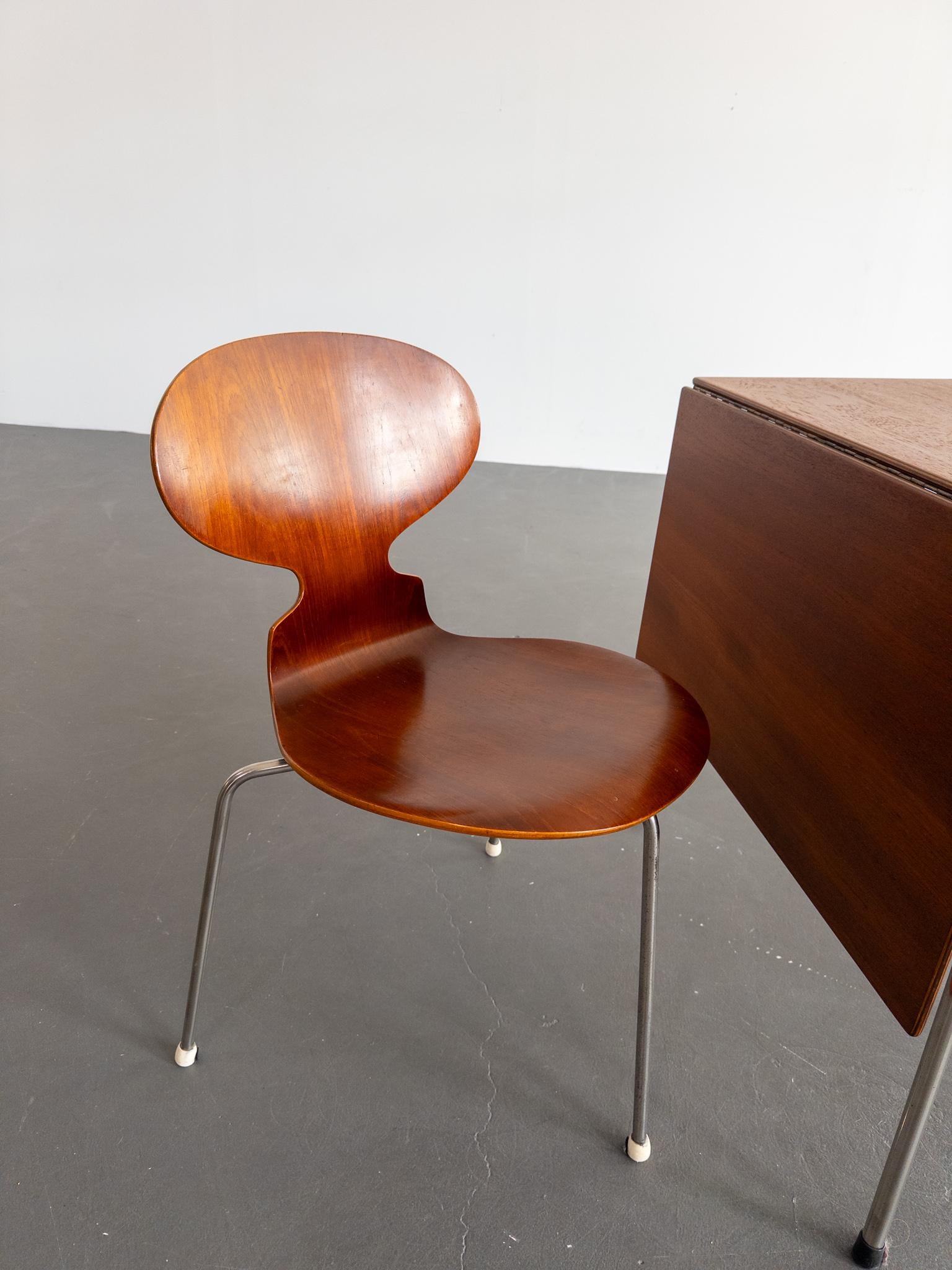 Acciaio Raro tavolo da pranzo a foglia di goccia di Arne Jacobsen con due sedie 'Ant' in Te in vendita