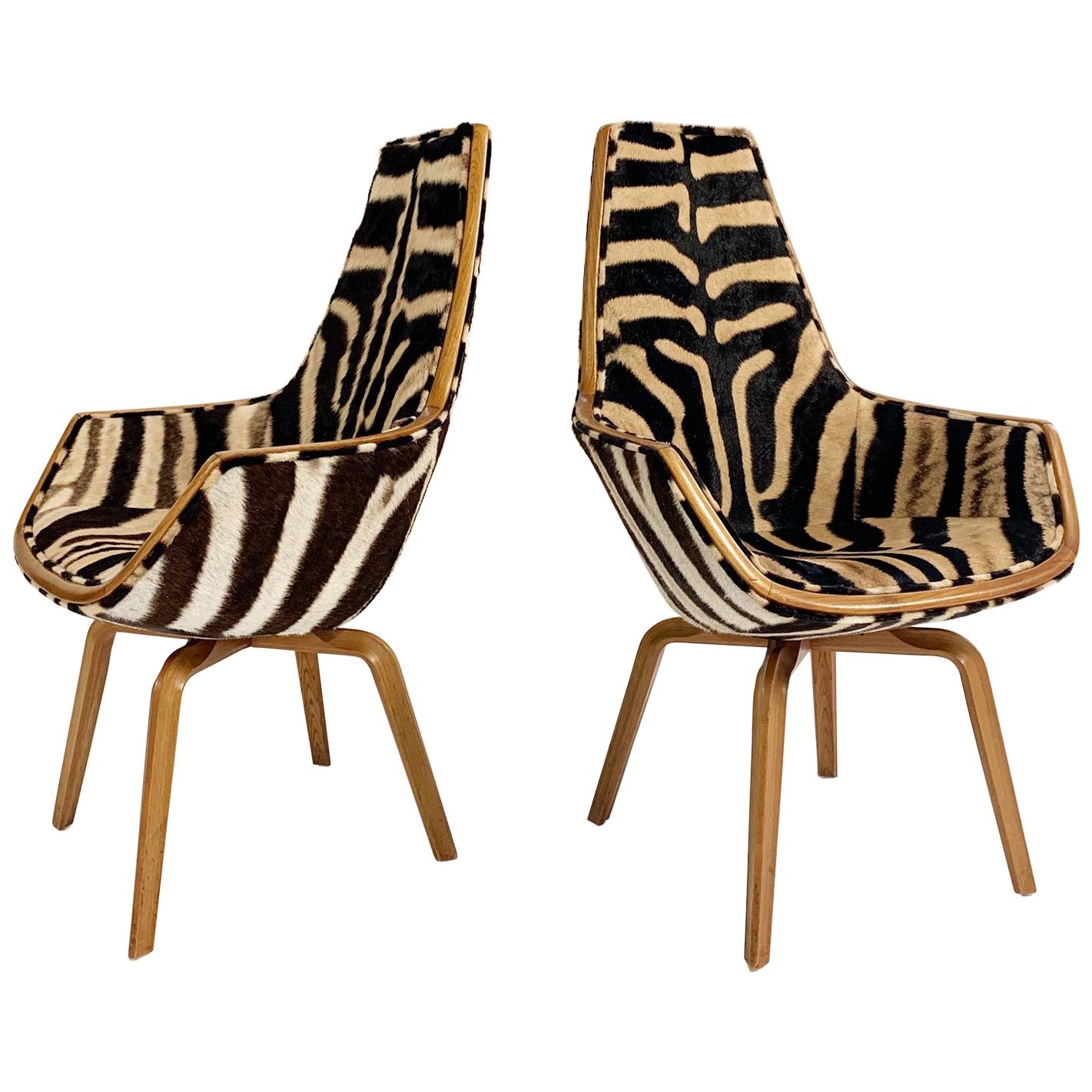 Rare Arne Jacobsen for Fritz Hansen Giraffe Chairs Restored in Zebra Hide, Pair