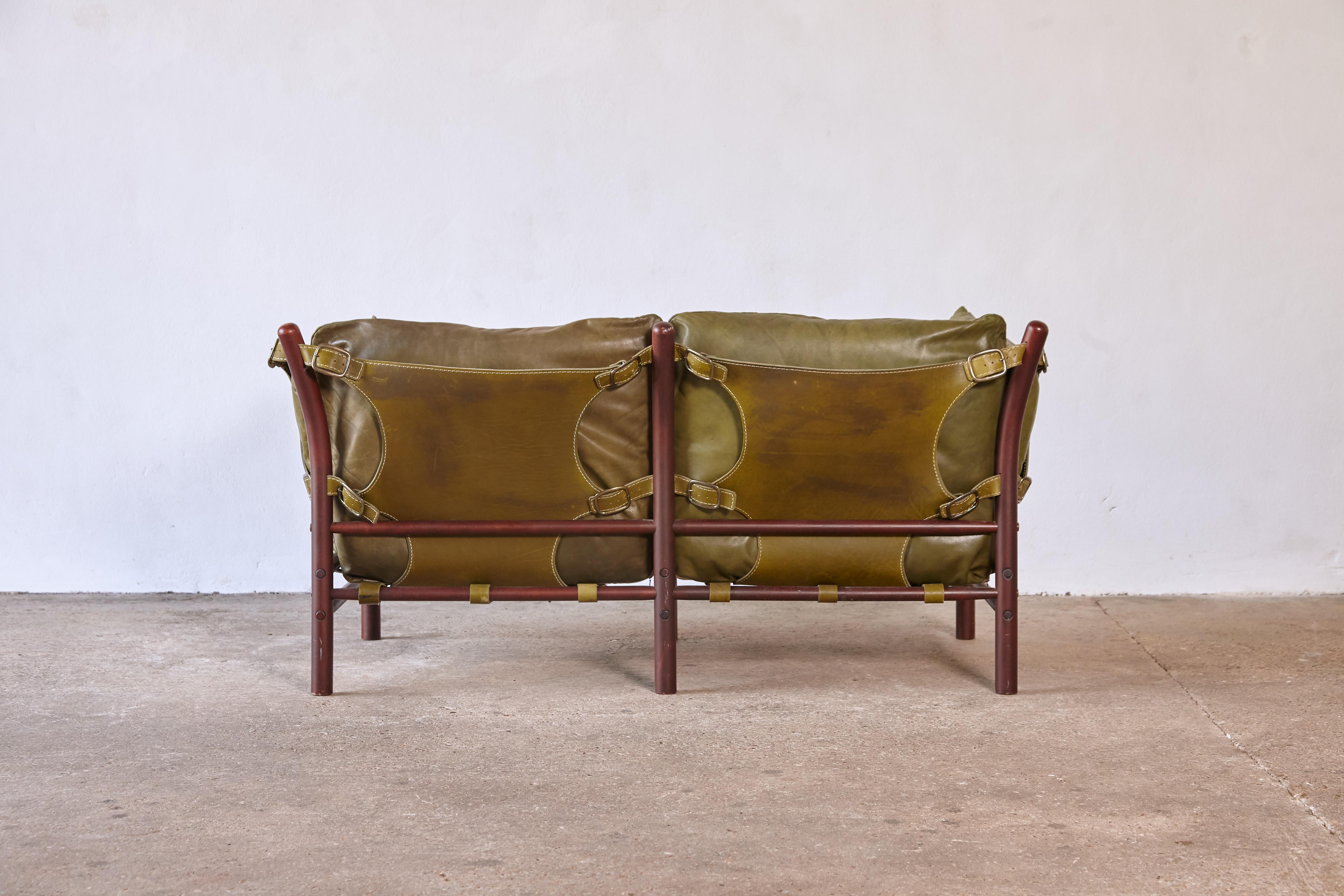 20th Century Rare Arne Norell Ilona Sofa in Original Green Leather, Sweden, 1970s For Sale