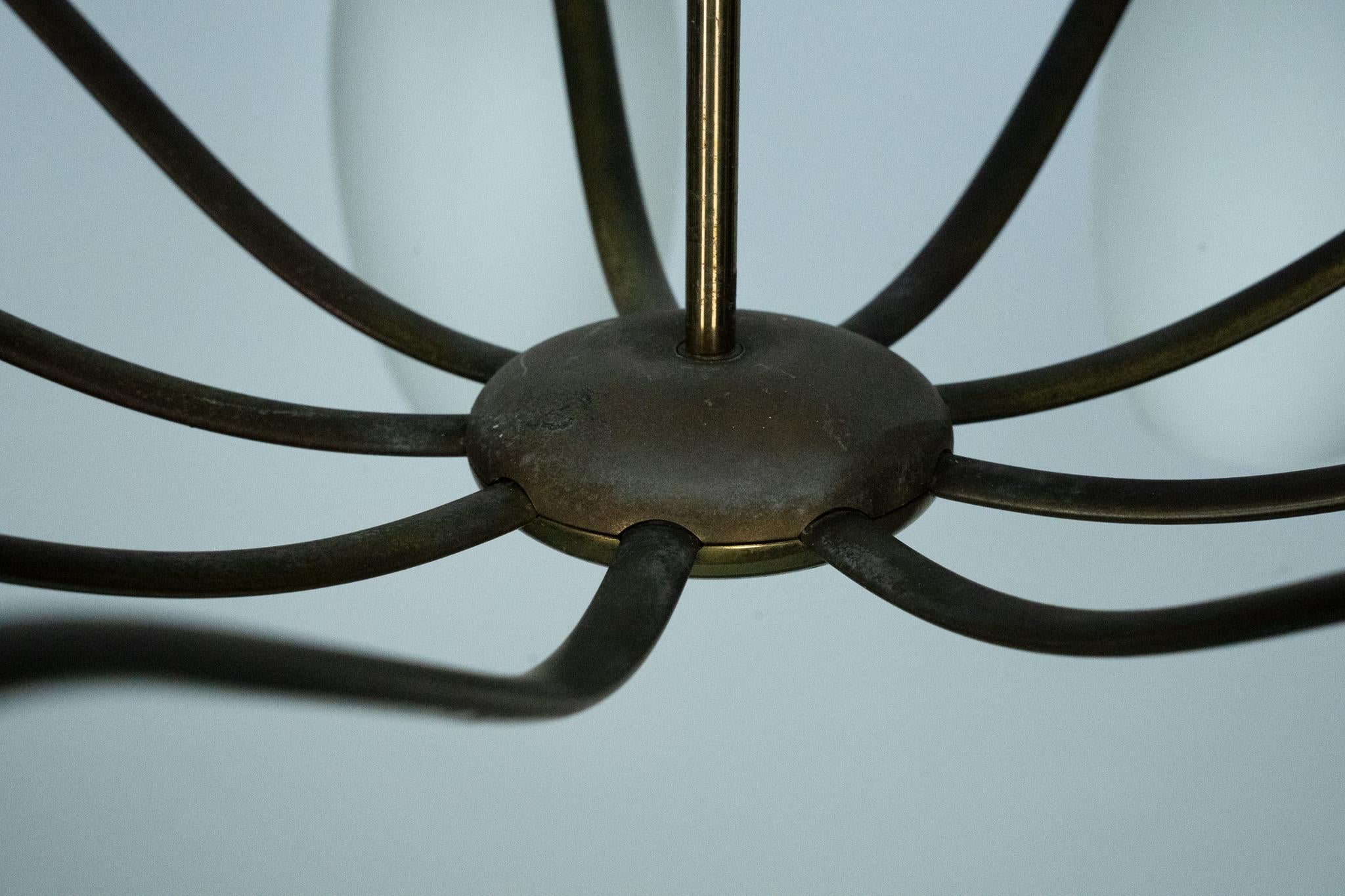 Rare Arredoluce Monza, 9-Light Brass and Opaline Glass Chandelier, Italy 1950s For Sale 7