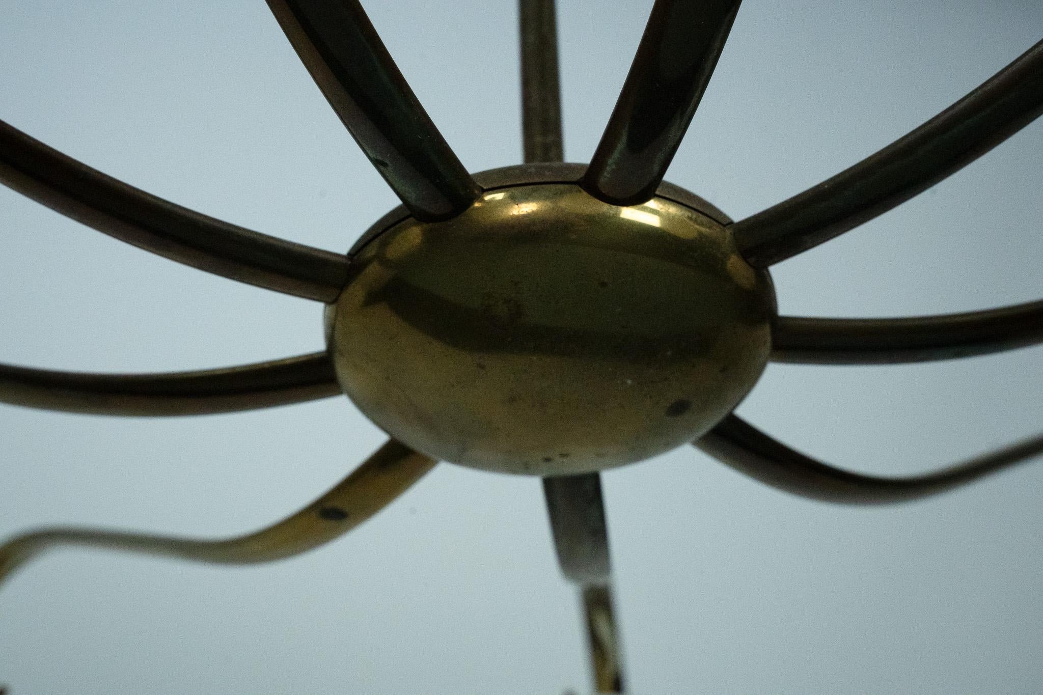 Rare Arredoluce Monza, 9-Light Brass and Opaline Glass Chandelier, Italy 1950s For Sale 8