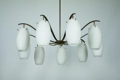Rare Arredoluce Monza, 9-Light Brass and Opaline Glass Chandelier, Italy 1950s