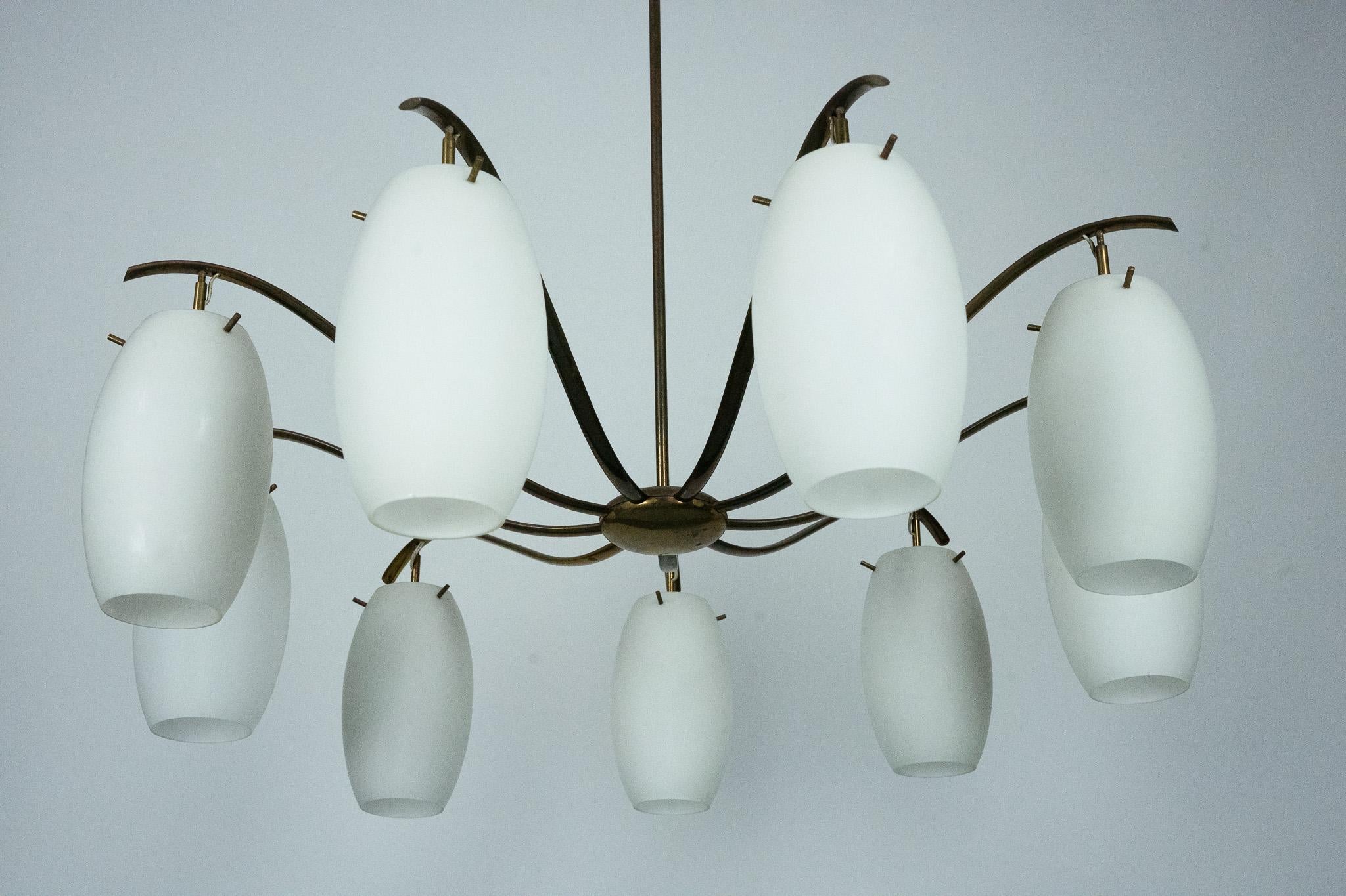 Italian Rare Arredoluce Monza, 9-Light Brass and Opaline Glass Chandelier, Italy 1950s For Sale