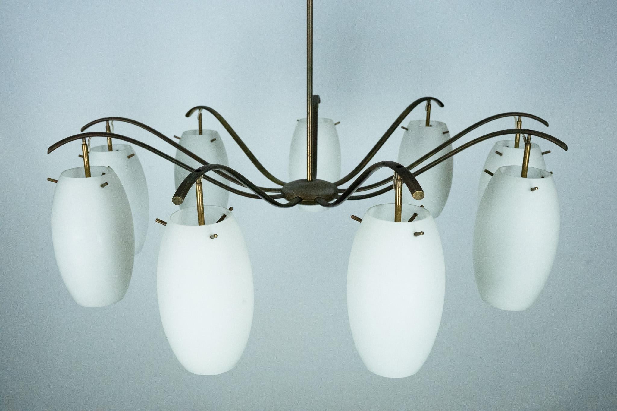 20th Century Rare Arredoluce Monza, 9-Light Brass and Opaline Glass Chandelier, Italy 1950s For Sale