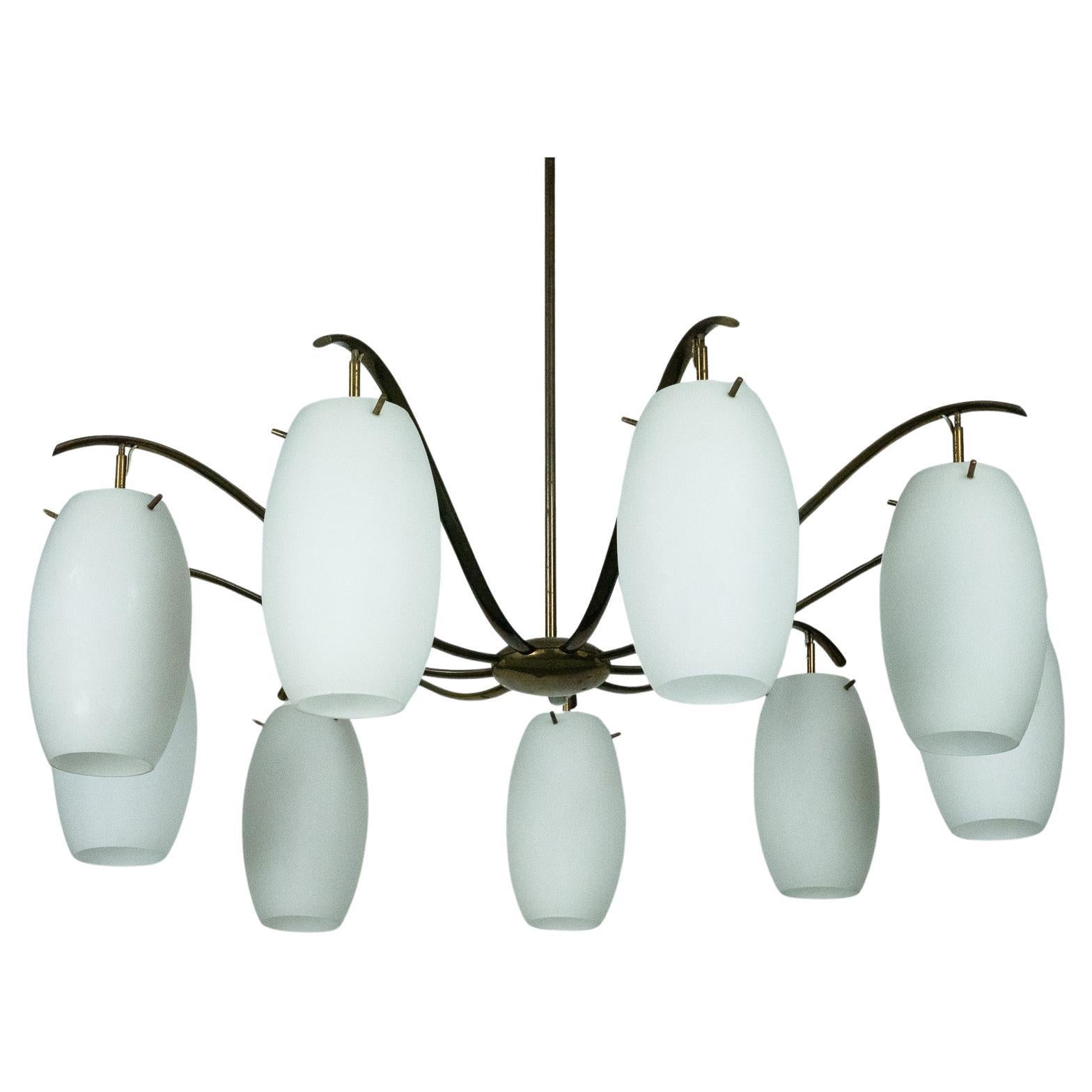 Rare Arredoluce Monza, 9-Light Brass and Opaline Glass Chandelier, Italy 1950s For Sale