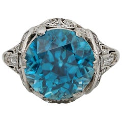 Rare Art Deco 11.0 Ct Natural Blue Zircon .90 Ct Diamond Platinum Ring